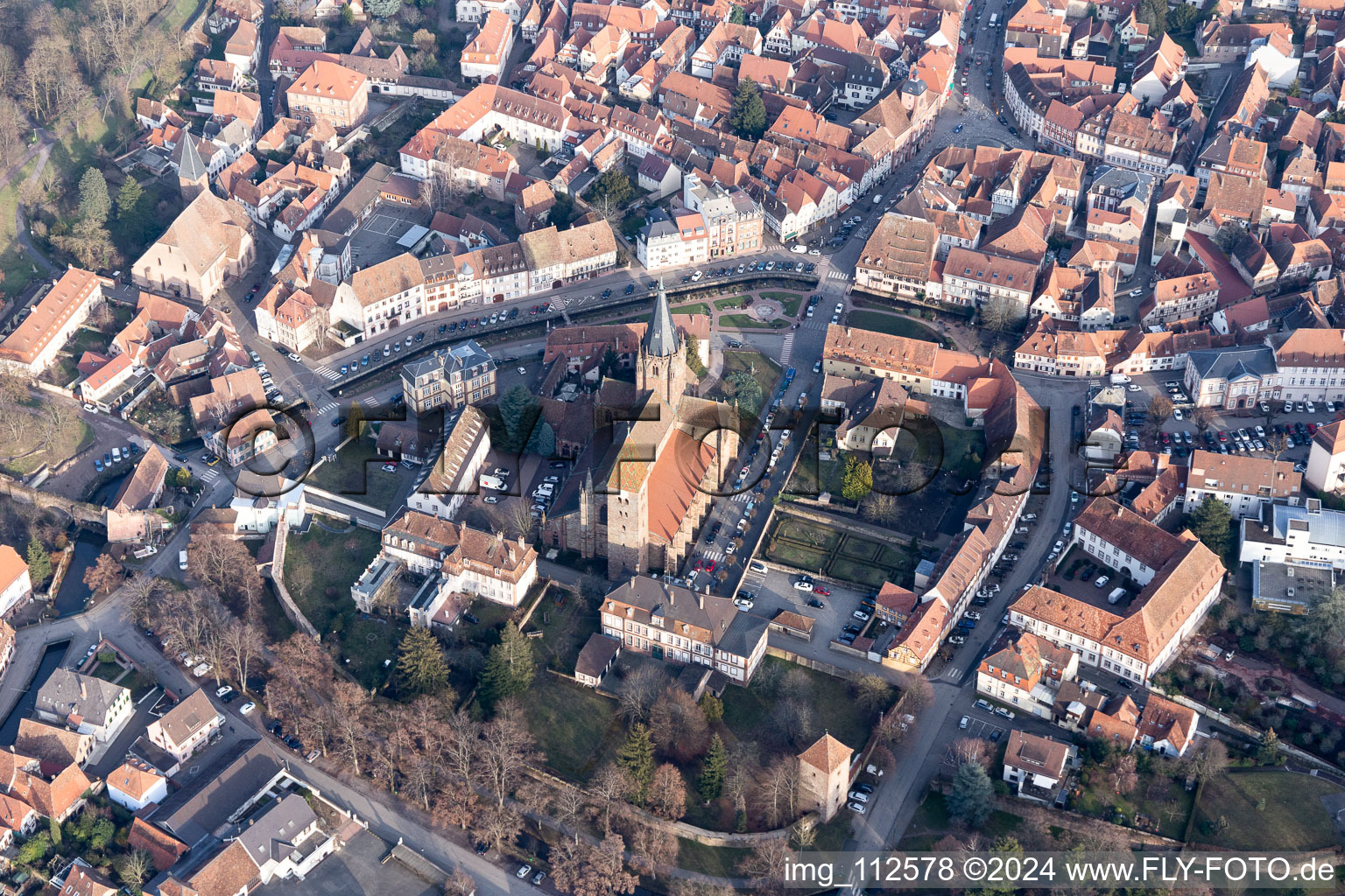 Aerial view of Church building of the cathedral of Abbey Sts Peter ond Paul in Wissembourg in Grand Est, France