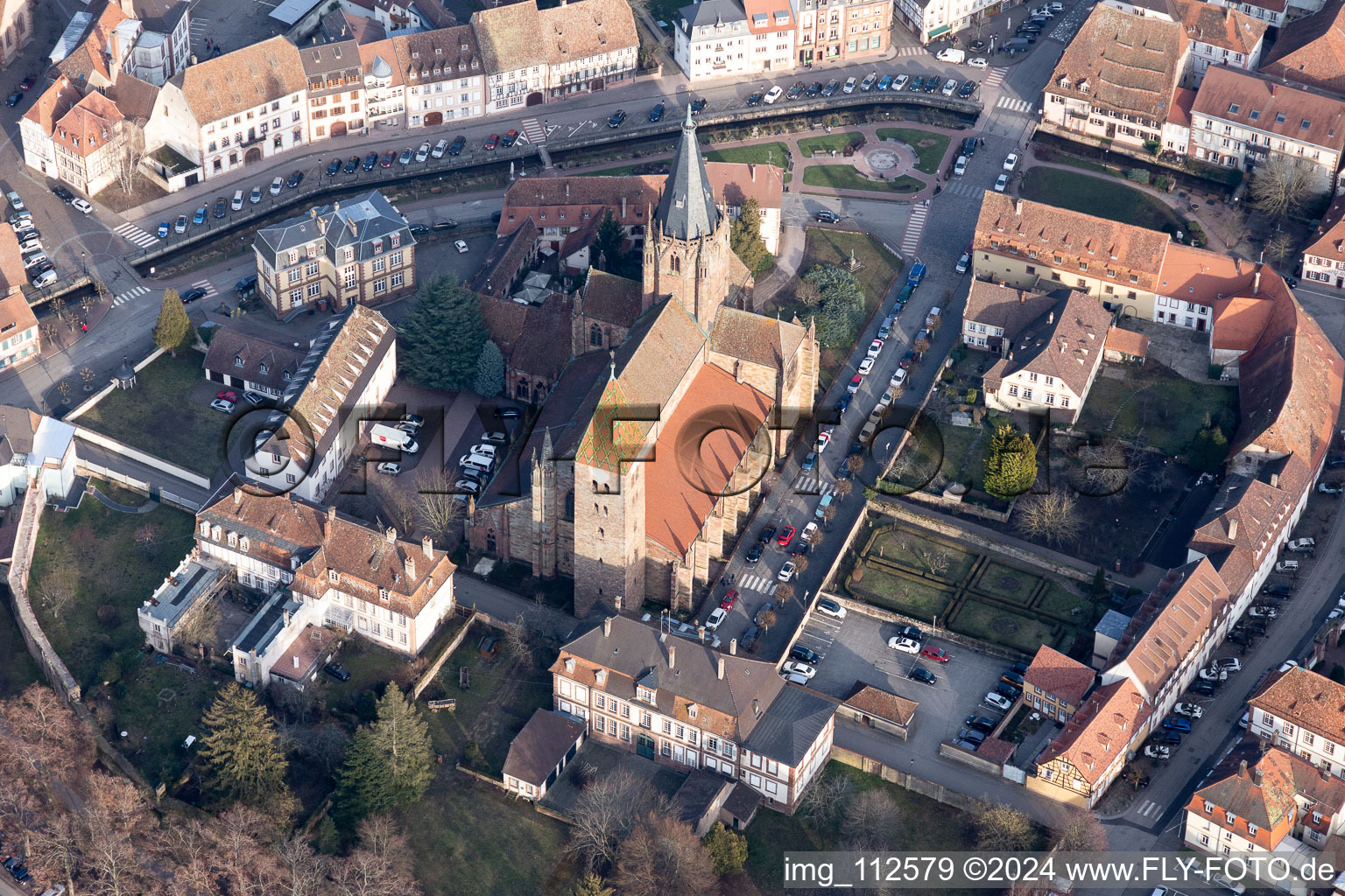 Aerial photograpy of Church building of the cathedral of Abbey Sts Peter ond Paul in Wissembourg in Grand Est, France