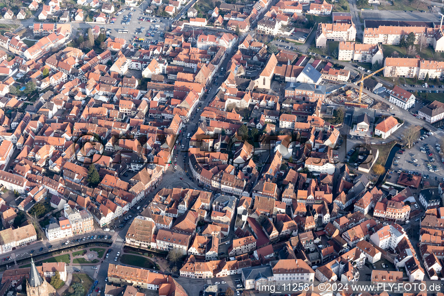 Aerial view of Old Town area and city center in Wissembourg in Grand Est, France
