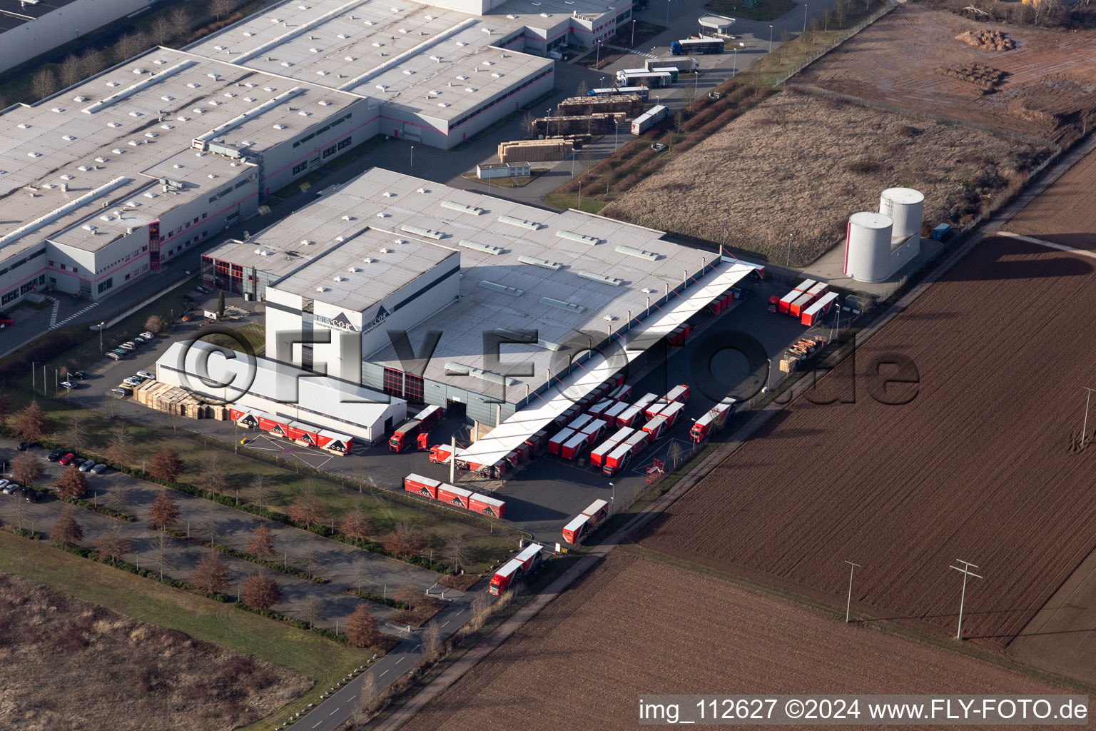 Aerial photograpy of Warehouses and forwarding building of Tricor Packaging & Logistics AG in Offenbach an der Queich in the state Rhineland-Palatinate, Germany