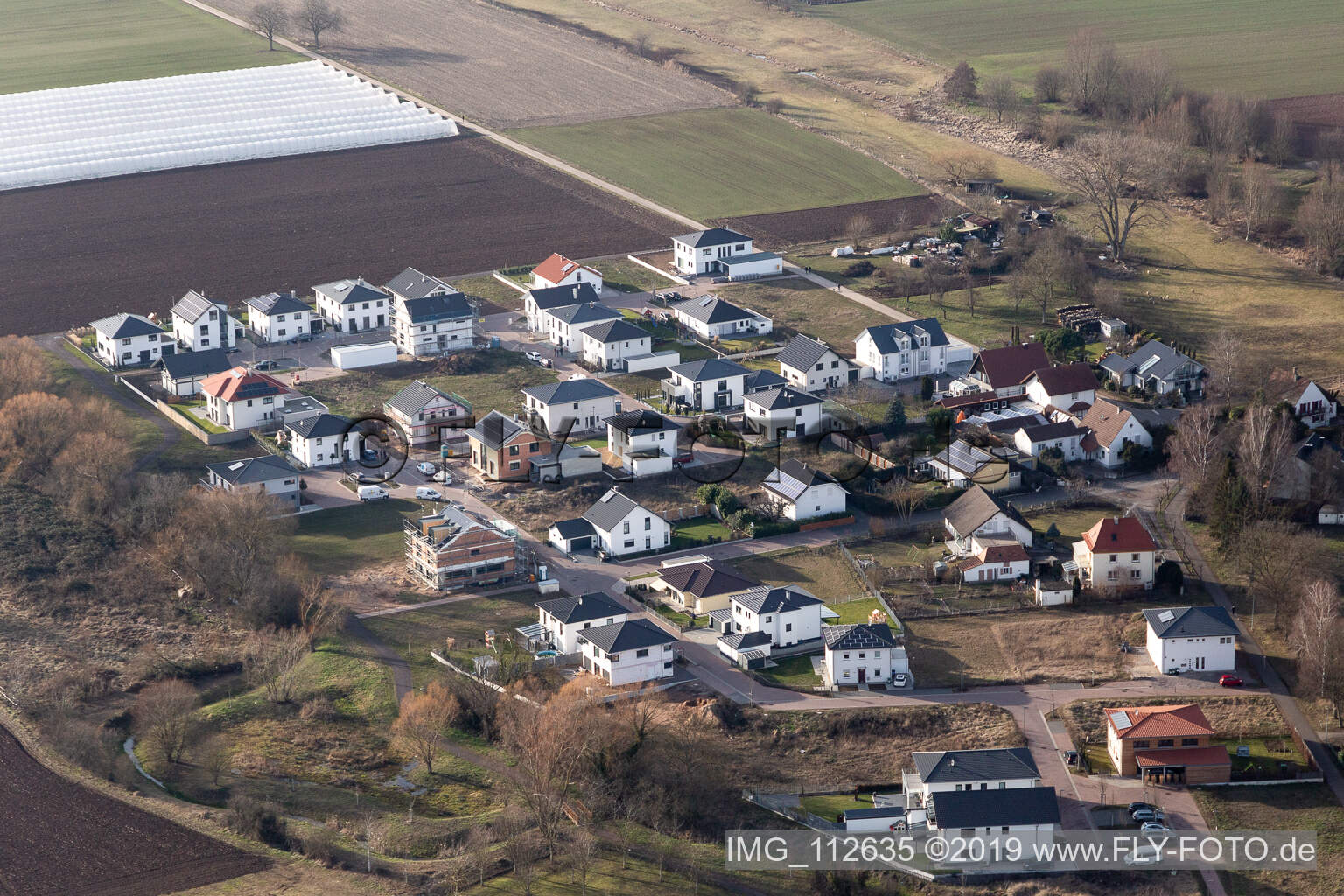 Aerial view of Offenbach an der Queich in the state Rhineland-Palatinate, Germany