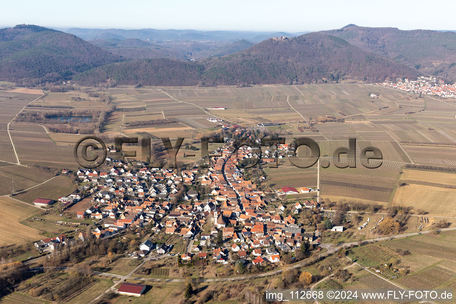 Göcklingen in the state Rhineland-Palatinate, Germany seen from above