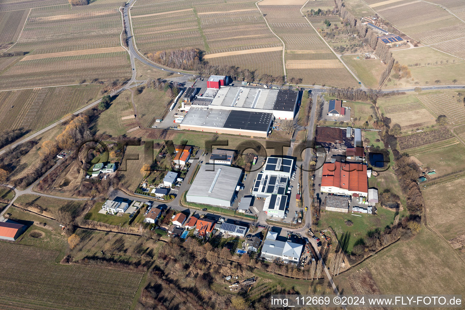 Building and production halls on the premises of the wine cellar Deutsches Weintor eG in the district Kleine Kalmit (Grosskelterei) in Ilbesheim bei Landau in der Pfalz in the state Rhineland-Palatinate, Germany