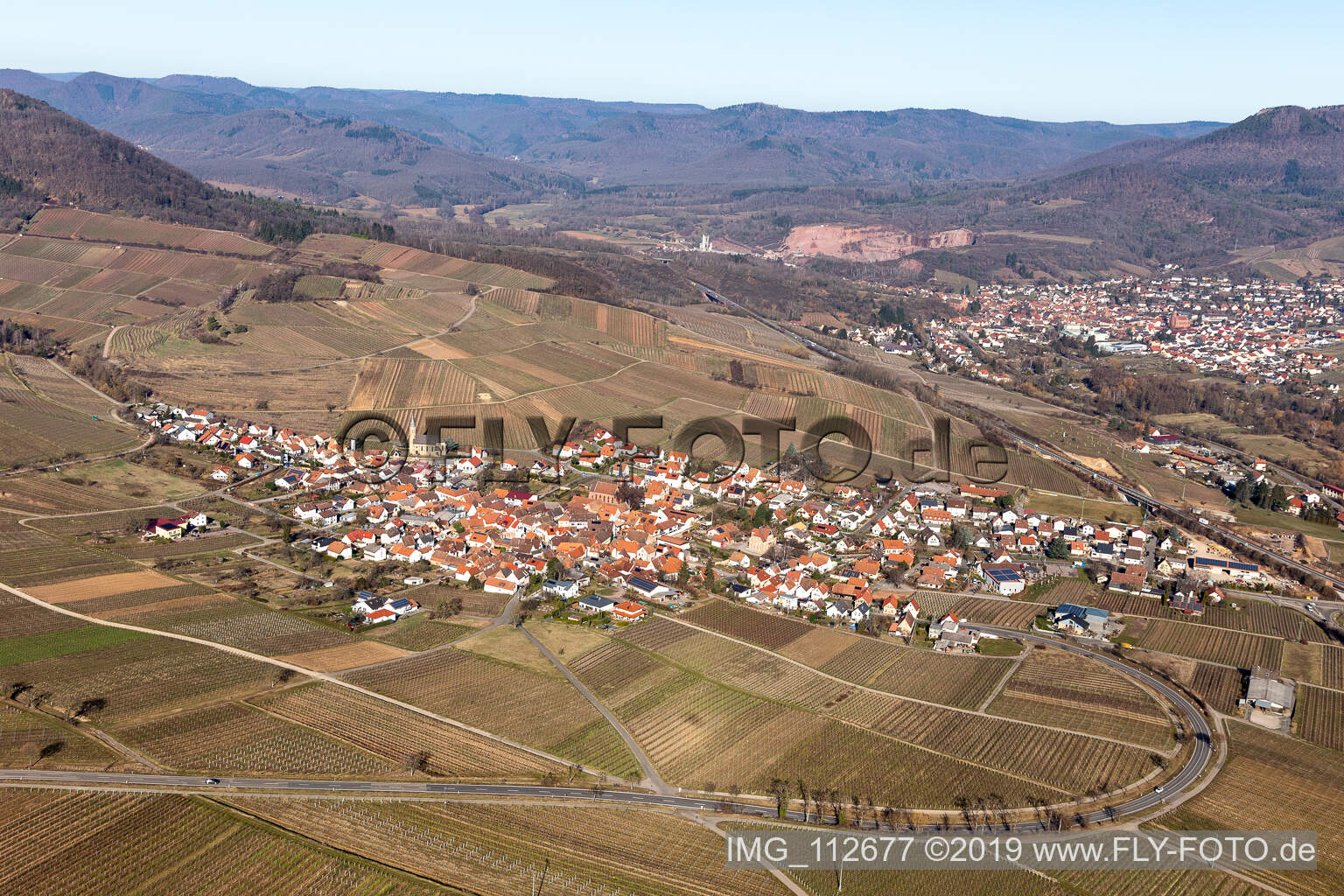 Aerial view of Birkweiler in the state Rhineland-Palatinate, Germany