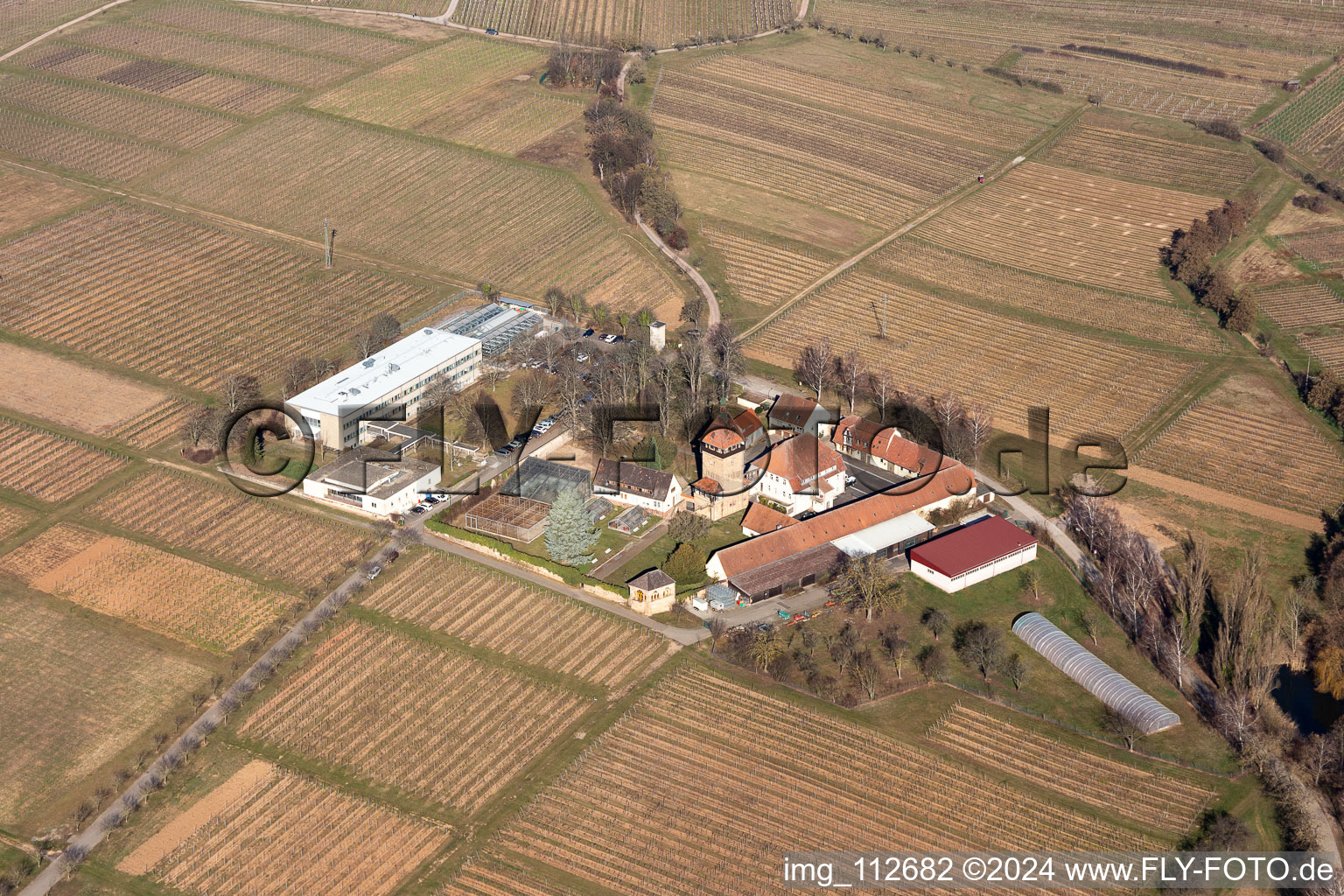 Aerial view of Building complex of the Institute Julius Kuehn Rebforschungsanstalt Geilweilerhof in Siebeldingen in the state Rhineland-Palatinate, Germany