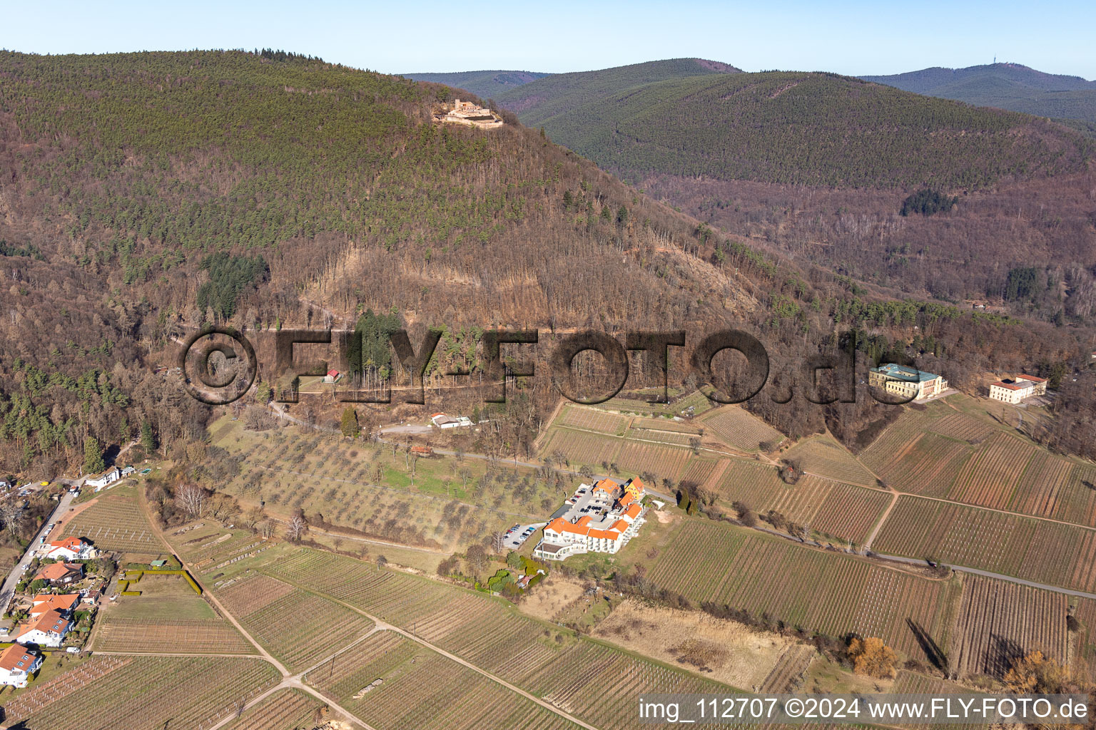 Aerial view of Complex of the hotel building Wohlfuehlhotel Alte Rebschule and Gasthaus Sesel in Rhodt unter Rietburg in the state Rhineland-Palatinate, Germany