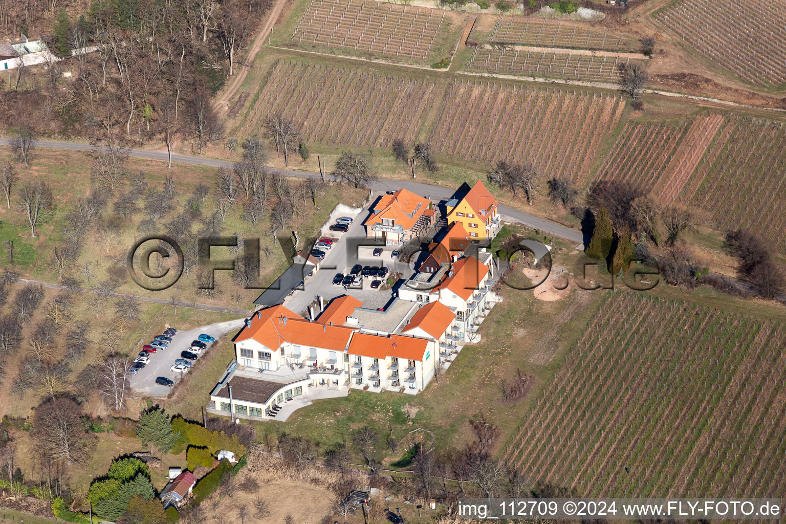 Aerial photograpy of Complex of the hotel building Wohlfuehlhotel Alte Rebschule and Gasthaus Sesel in Rhodt unter Rietburg in the state Rhineland-Palatinate, Germany