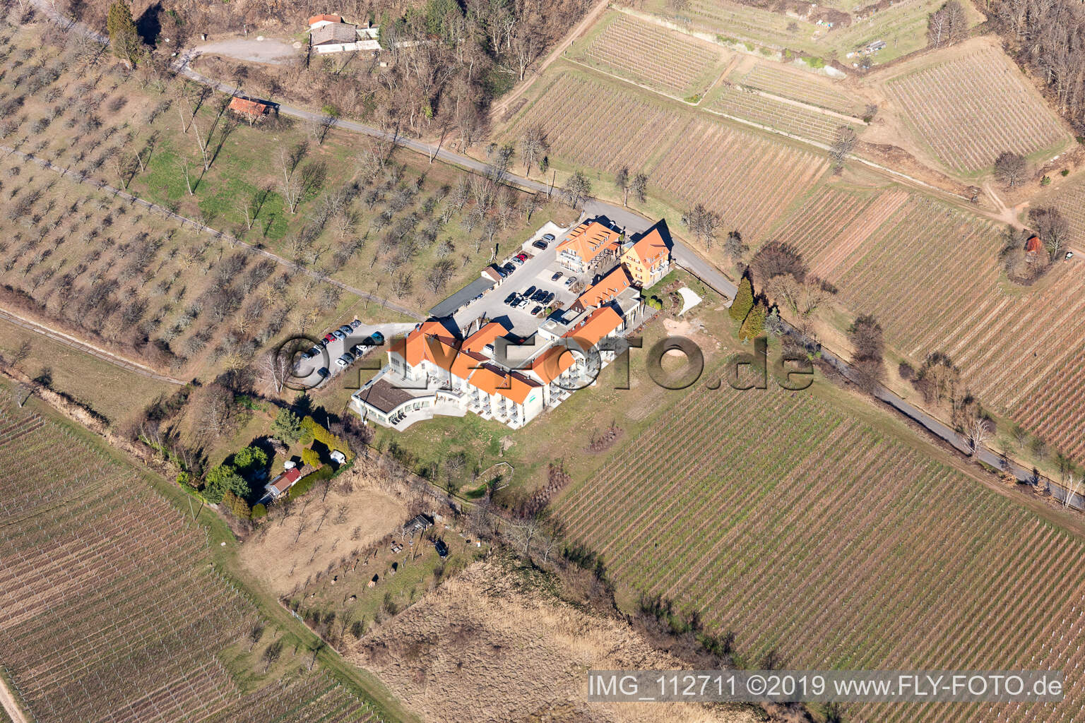 Oblique view of Complex of the hotel building Wohlfuehlhotel Alte Rebschule and Gasthaus Sesel in Rhodt unter Rietburg in the state Rhineland-Palatinate, Germany