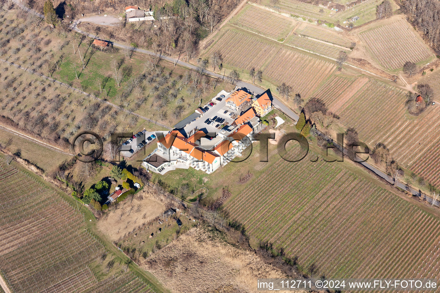 Oblique view of Complex of the hotel building Wohlfuehlhotel Alte Rebschule and Gasthaus Sesel in Rhodt unter Rietburg in the state Rhineland-Palatinate, Germany