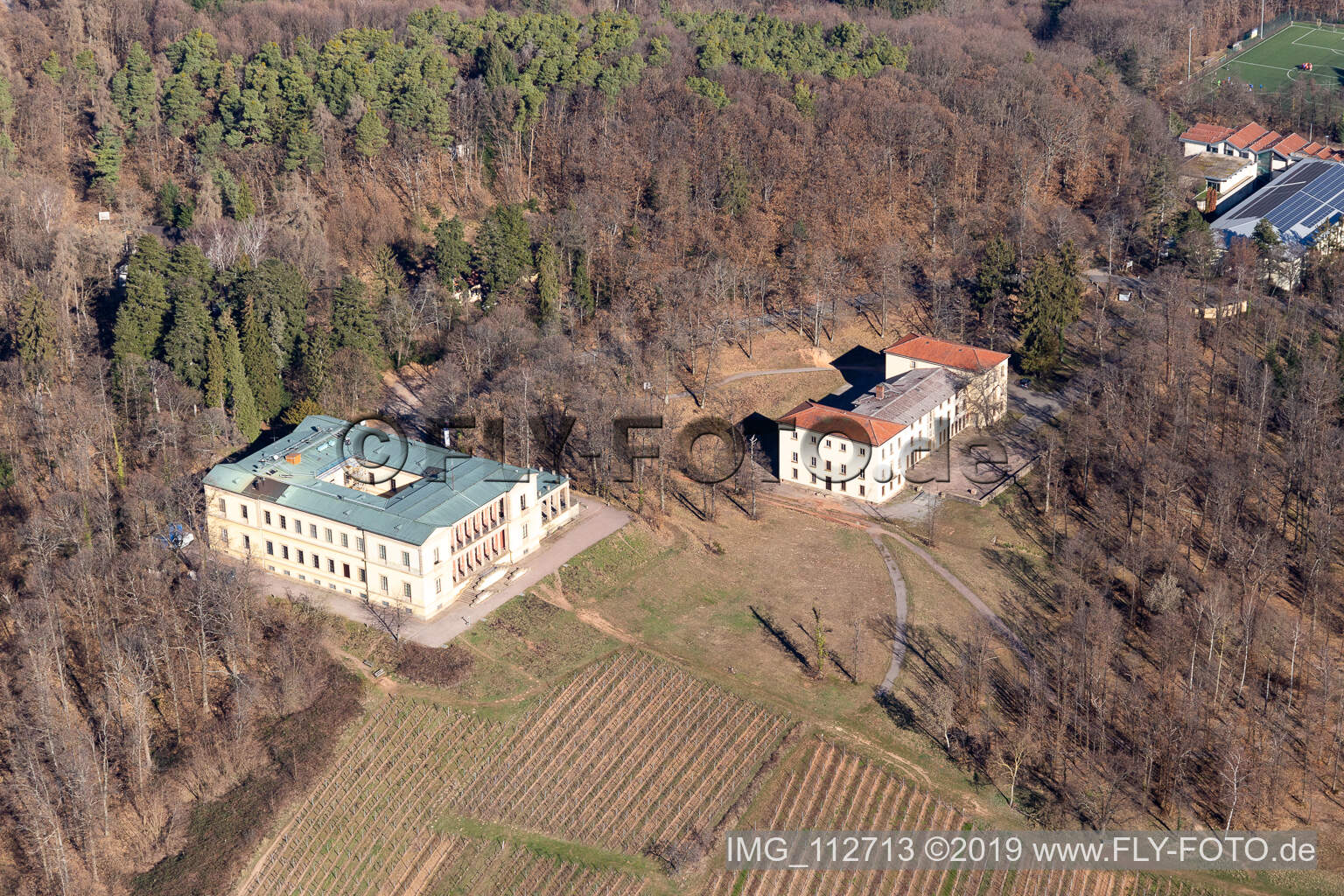 Aerial view of Castle Villa Ludwigshöhe in Edenkoben in the state Rhineland-Palatinate, Germany