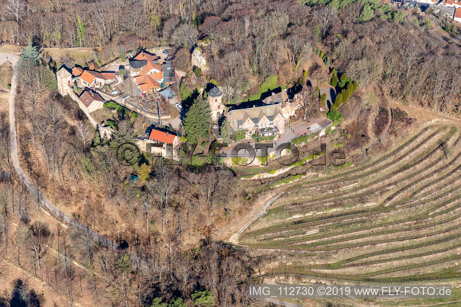 Aerial view of Building of the restaurant Schloss Kropsburg in Sankt Martin in the state Rhineland-Palatinate, Germany