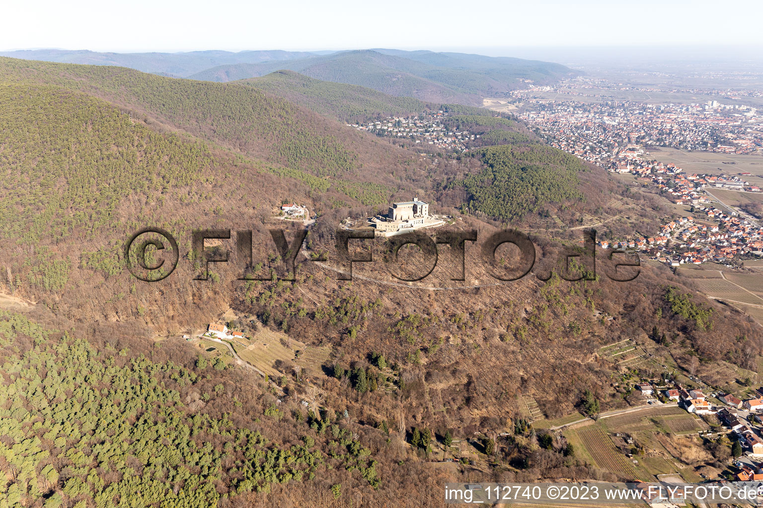 Hambach Castle in the district Diedesfeld in Neustadt an der Weinstraße in the state Rhineland-Palatinate, Germany from above