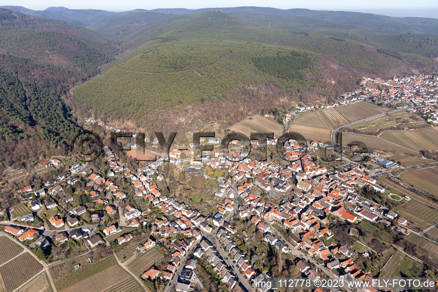 Aerial view of District Gimmeldingen in Neustadt an der Weinstraße in the state Rhineland-Palatinate, Germany