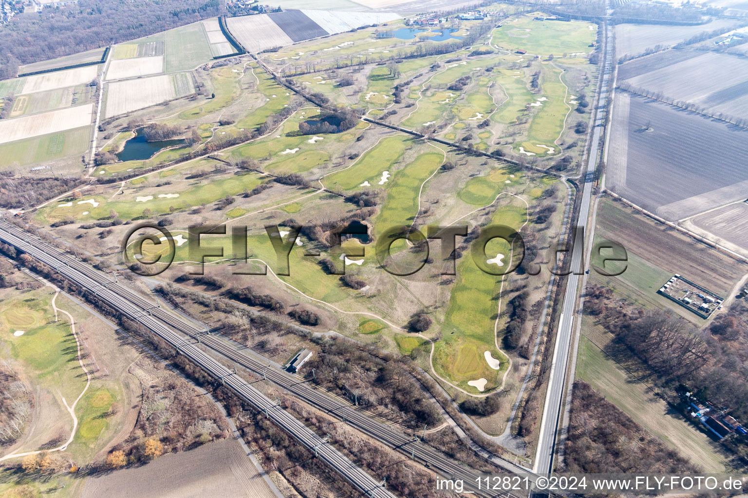 Oblique view of Grounds of the Golf course at Golfplatz Kurpfalz in Limburgerhof in the state Rhineland-Palatinate, Germany