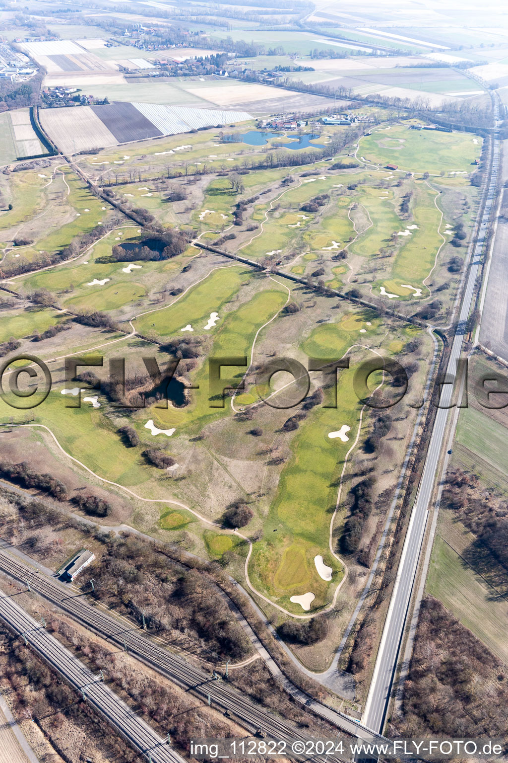 Grounds of the Golf course at Golfplatz Kurpfalz in Limburgerhof in the state Rhineland-Palatinate, Germany from above