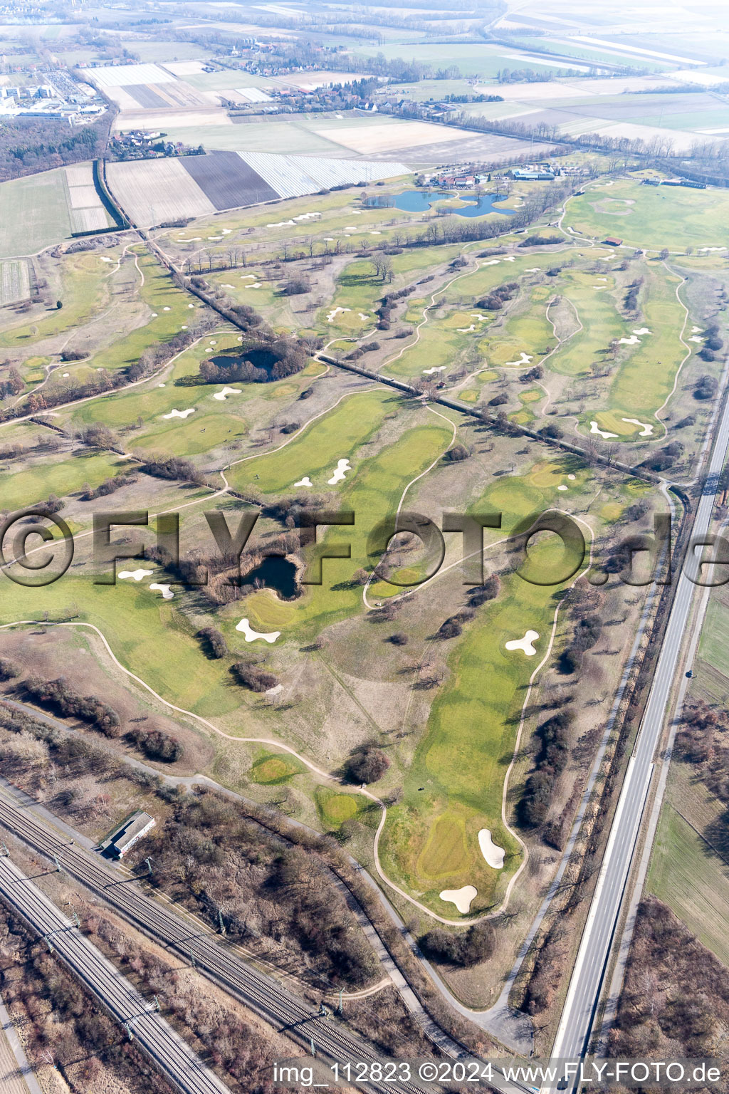 Oblique view of Kurpfalz golf course in Limburgerhof in the state Rhineland-Palatinate, Germany