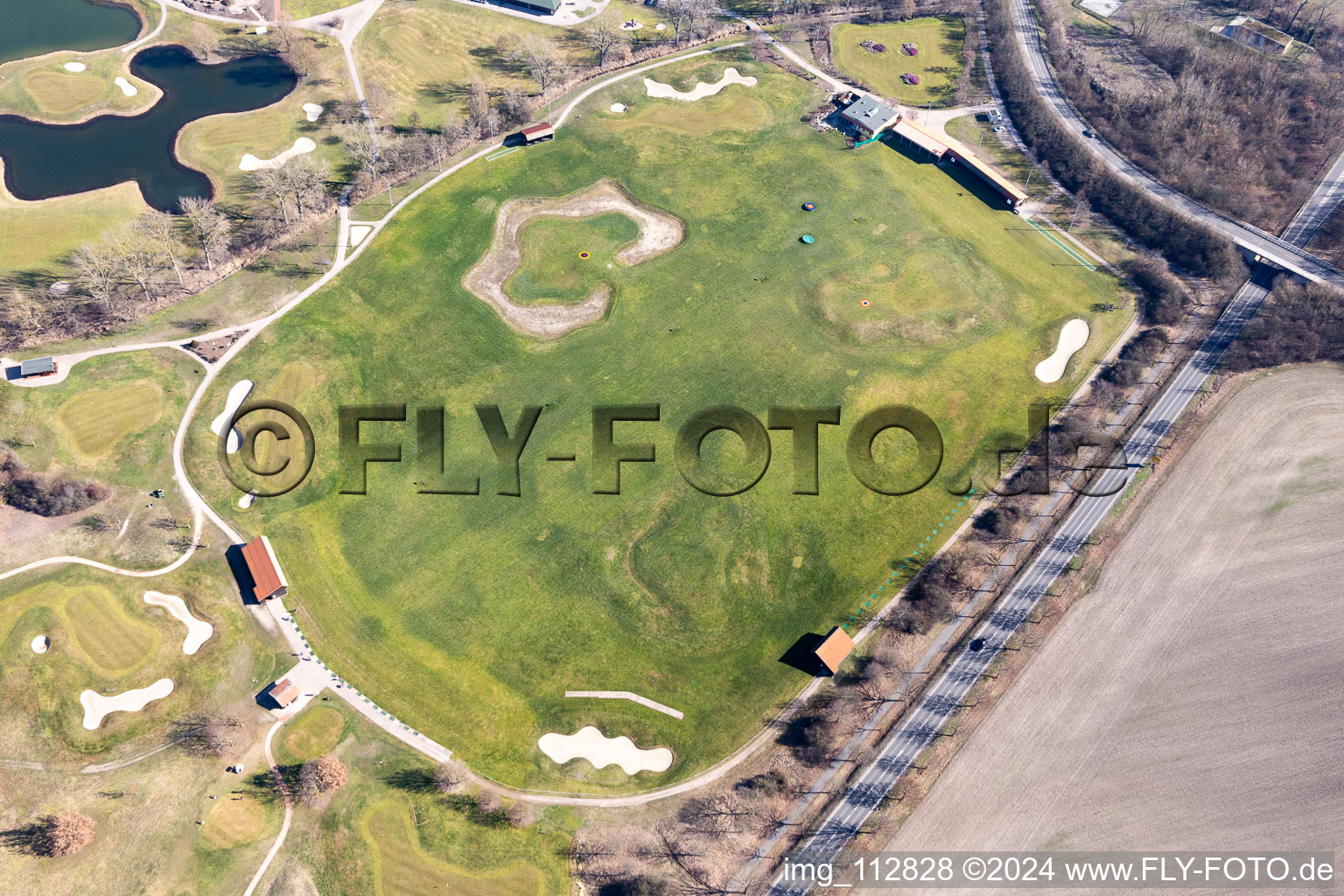 Aerial view of Club house of the Golf club at Golfplatz Kurpfalz in Limburgerhof in the state Rhineland-Palatinate, Germany