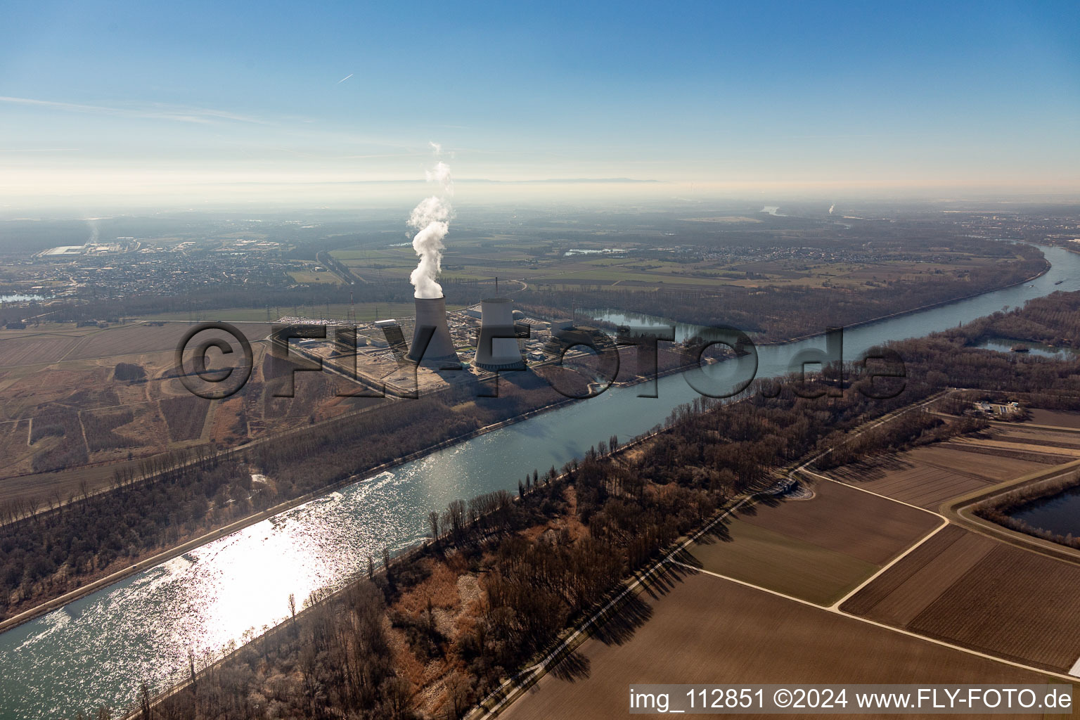 Nuclear power plant in Philippsburg in the state Baden-Wuerttemberg, Germany from above