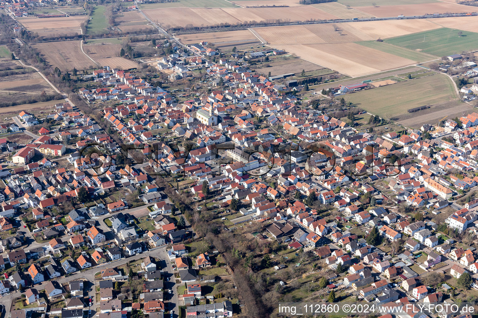 Lingenfeld in the state Rhineland-Palatinate, Germany seen from a drone