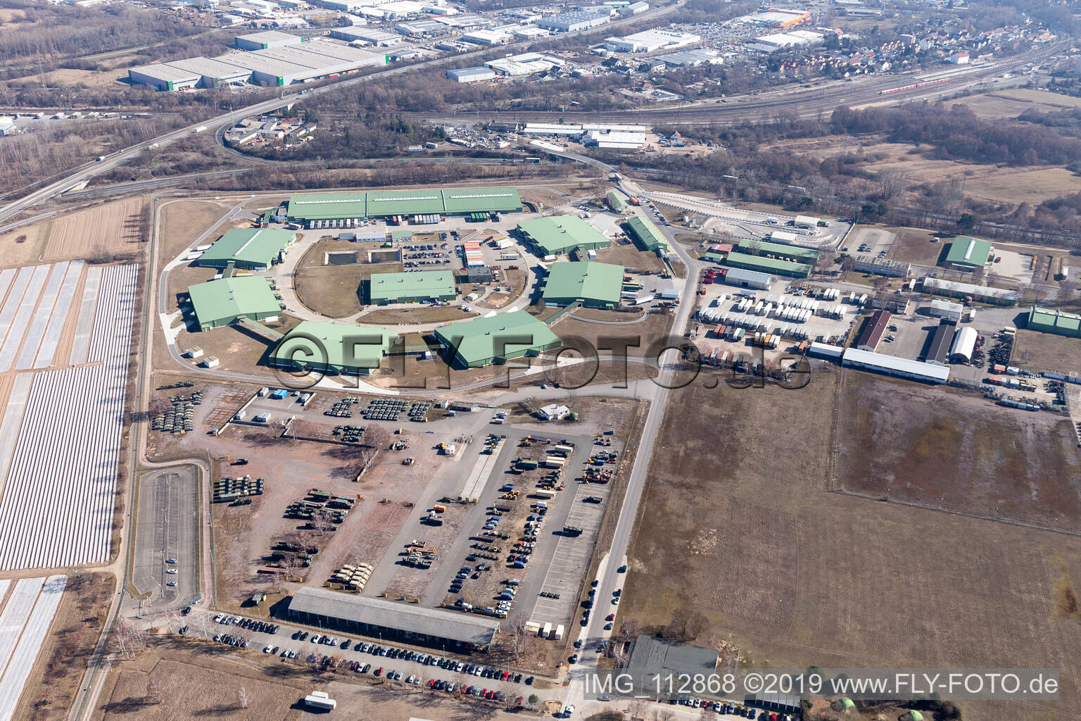 Aerial view of Building complex and logistics center on the military training grounds of the US-Army in Germersheim in the state Rhineland-Palatinate, Germany