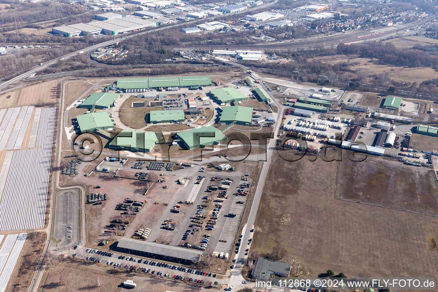 Aerial view of Building complex and logistics center on the military training grounds of the US-Army in Germersheim in the state Rhineland-Palatinate, Germany