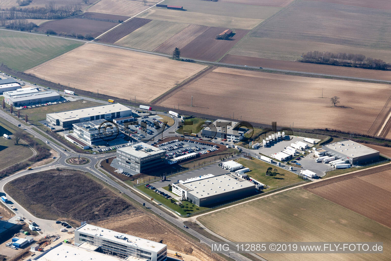 North industrial area in Rülzheim in the state Rhineland-Palatinate, Germany from above