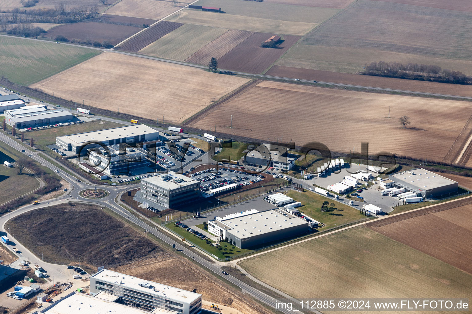 Industrial area north in Rülzheim in the state Rhineland-Palatinate, Germany from above