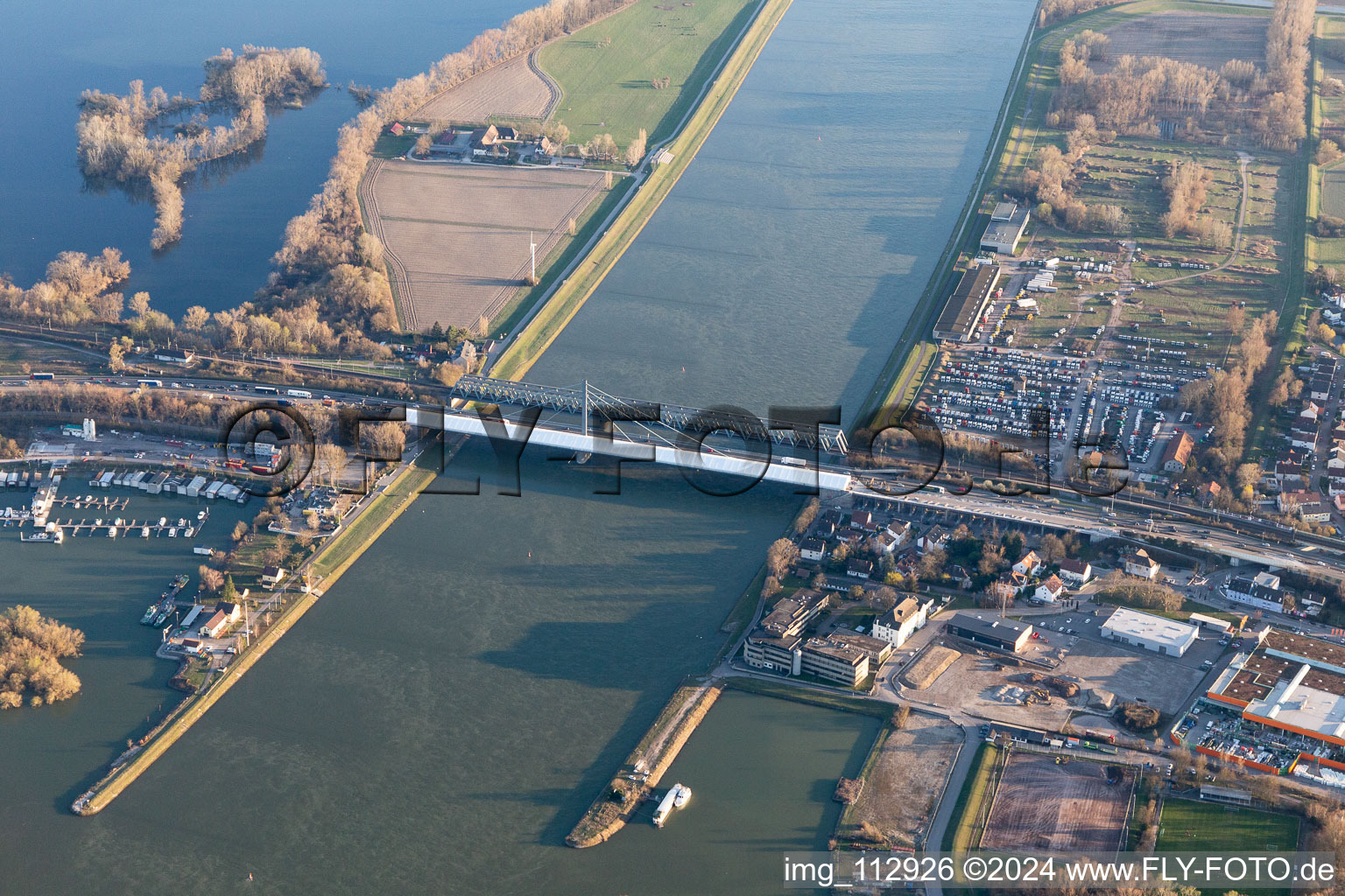 Construction to renovation work on the road bridge structure " Rheinbruecke Maxau " in the district Knielingen in Karlsruhe in the state Baden-Wurttemberg, Germany