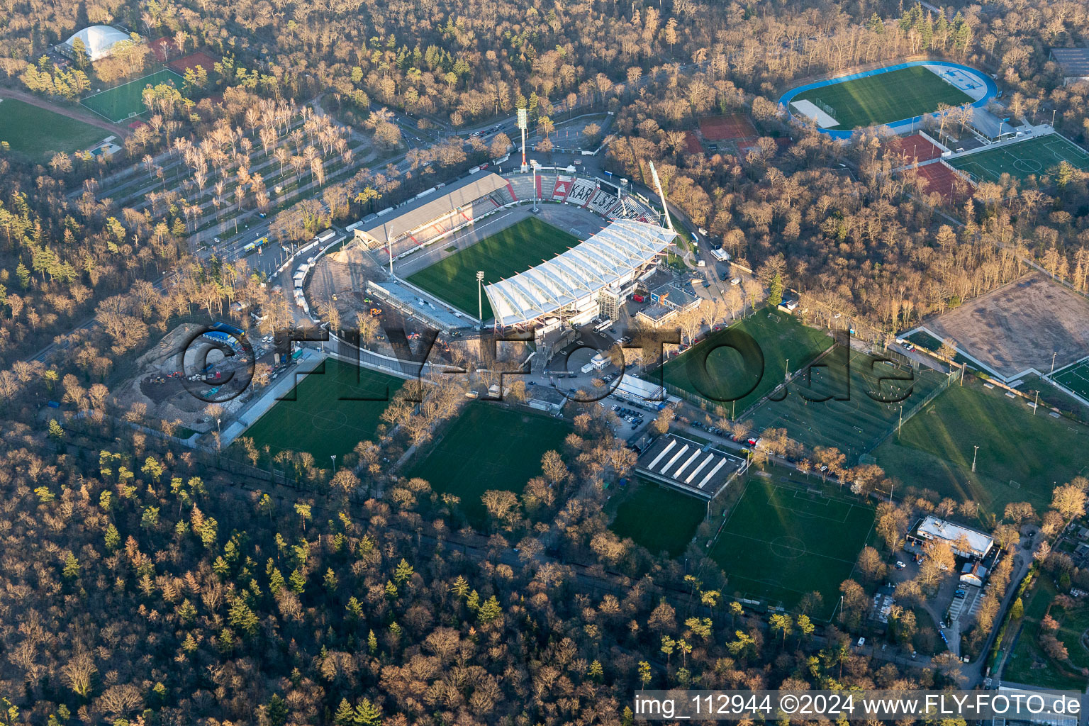 Aerial view of Wildparkstadion, construction site in the district Innenstadt-Ost in Karlsruhe in the state Baden-Wuerttemberg, Germany