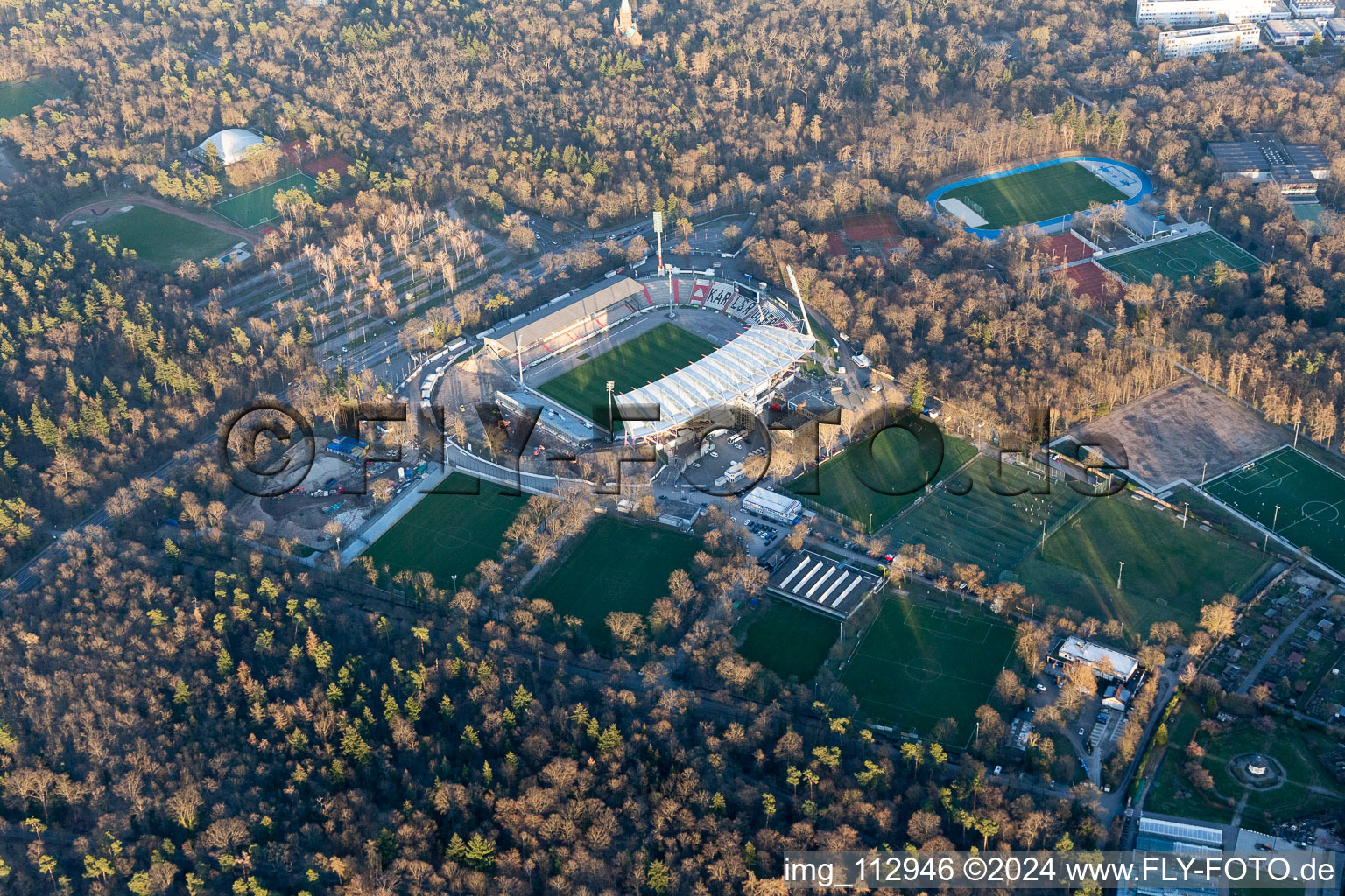 Oblique view of Wildparkstadion, construction site in the district Innenstadt-Ost in Karlsruhe in the state Baden-Wuerttemberg, Germany