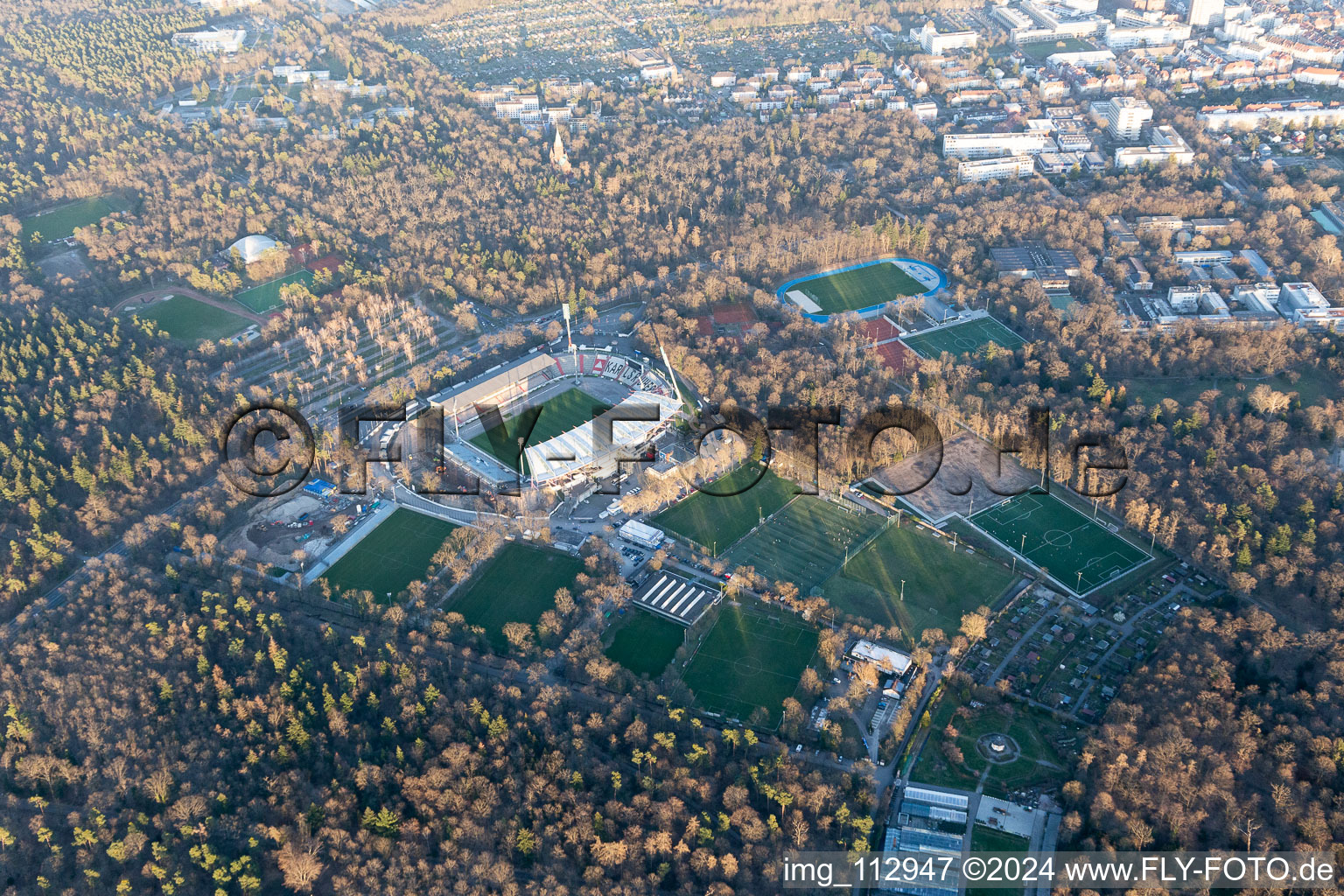 Wildparkstadion, construction site in the district Innenstadt-Ost in Karlsruhe in the state Baden-Wuerttemberg, Germany from above