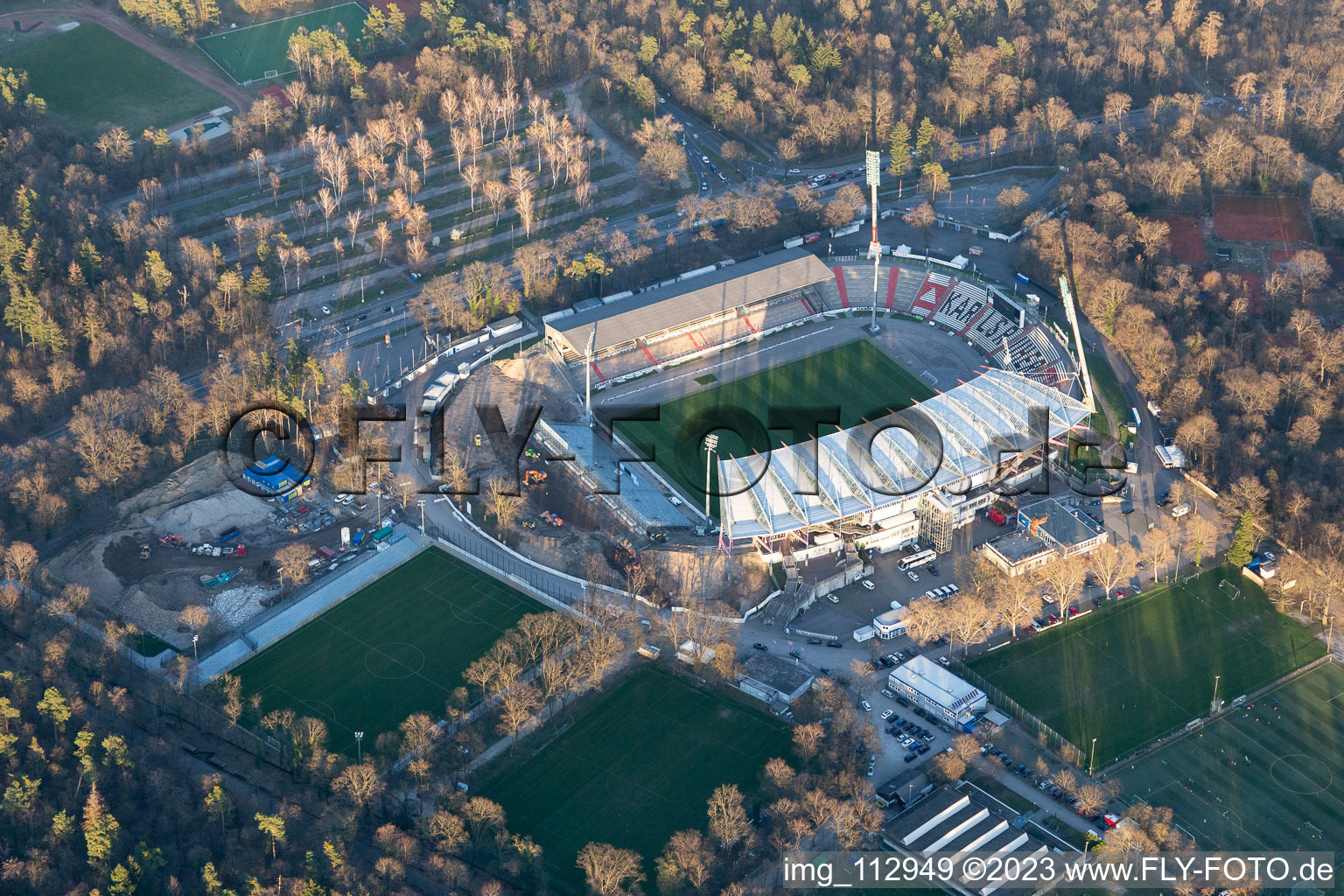 Wildlife park stadium, construction site in the district Innenstadt-Ost in Karlsruhe in the state Baden-Wuerttemberg, Germany seen from above