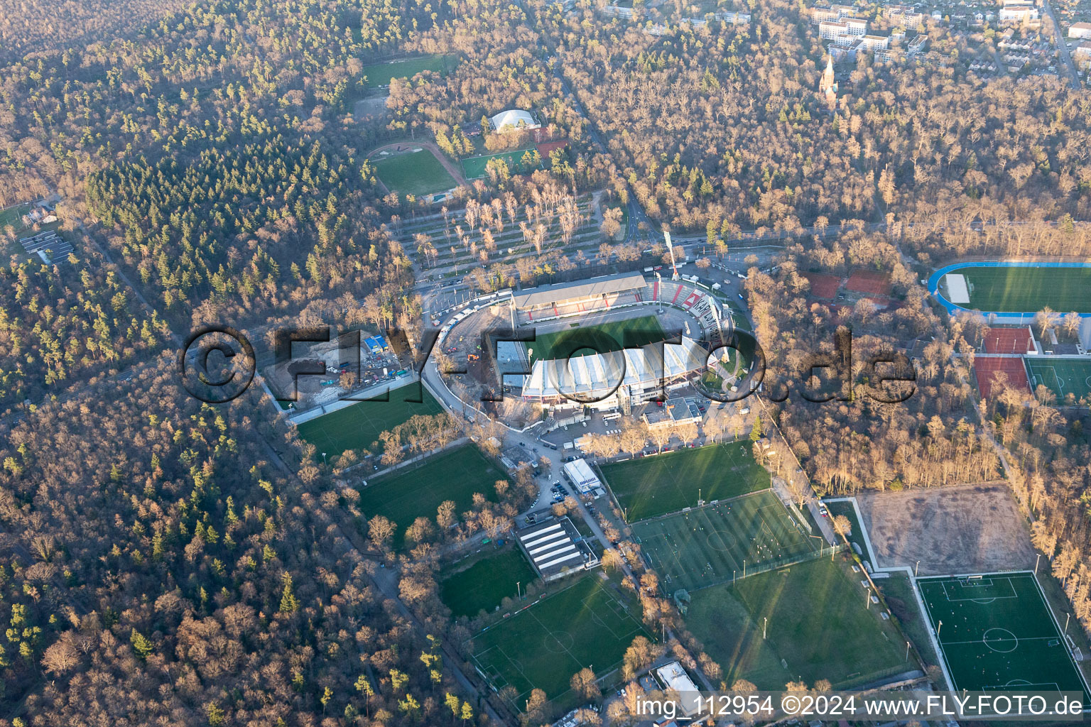 Wildparkstadion, construction site in the district Innenstadt-Ost in Karlsruhe in the state Baden-Wuerttemberg, Germany from the plane