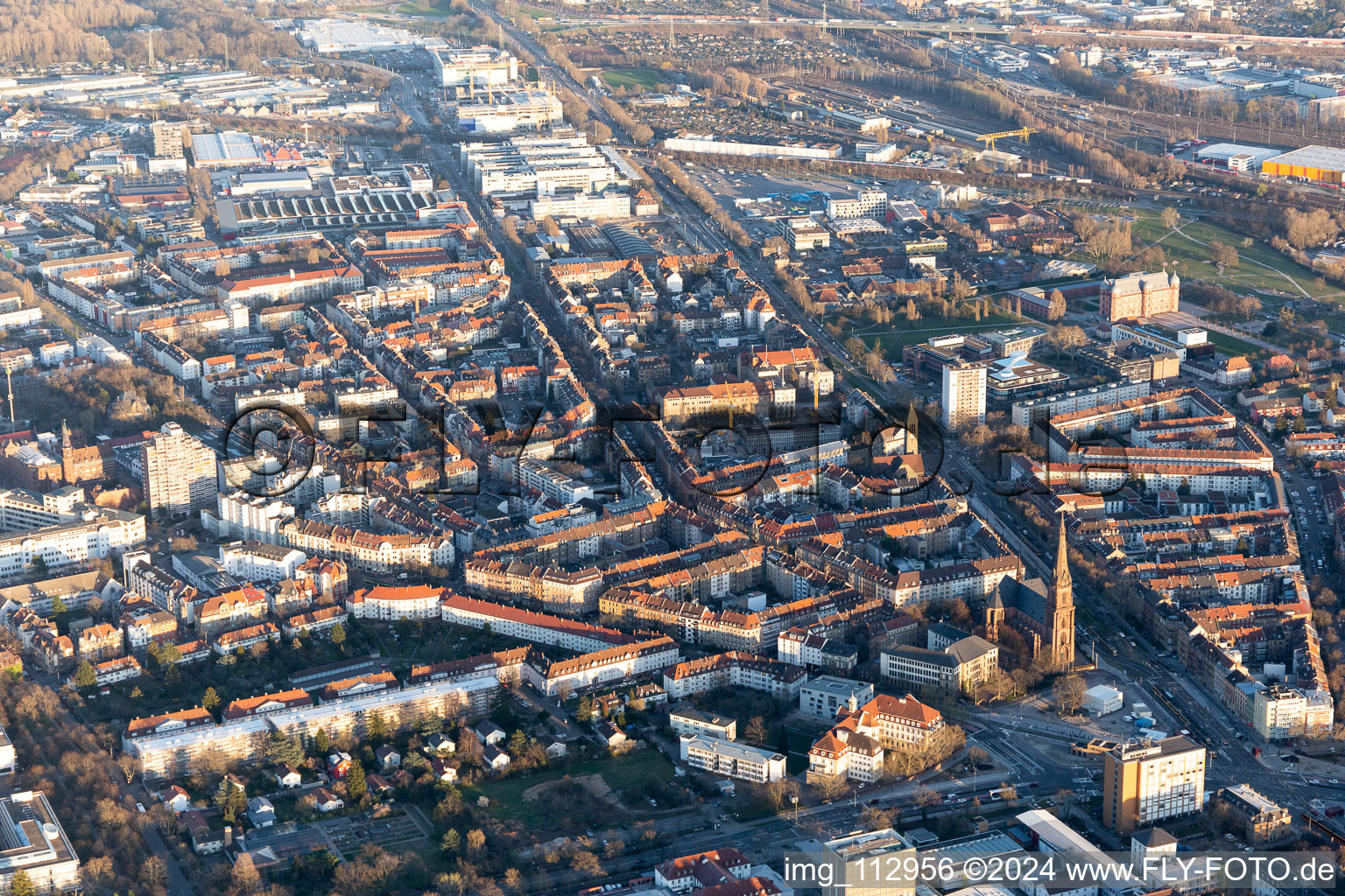 Bird's eye view of District Oststadt in Karlsruhe in the state Baden-Wuerttemberg, Germany