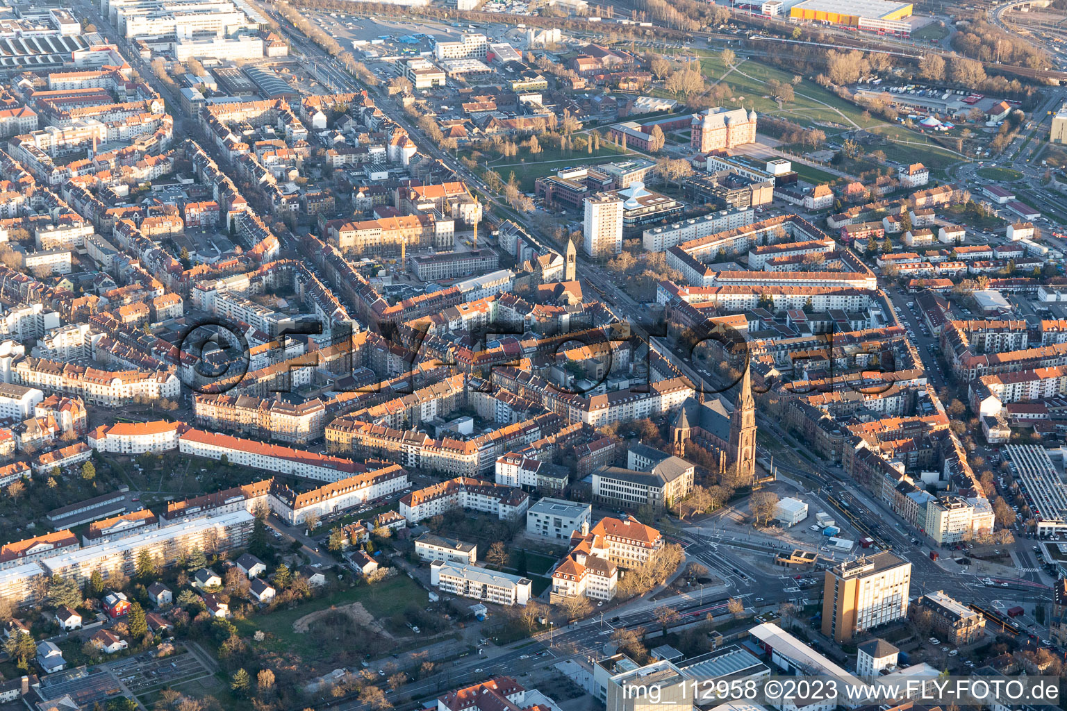 District Oststadt in Karlsruhe in the state Baden-Wuerttemberg, Germany viewn from the air