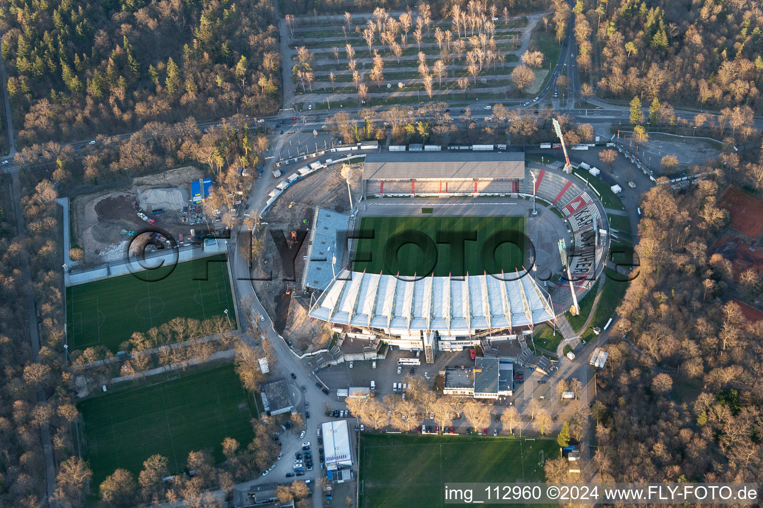 Aerial view of Extension and conversion site on the sports ground of the stadium "Wildparkstadion" of the KSC in Karlsruhe in the state Baden-Wurttemberg, Germany