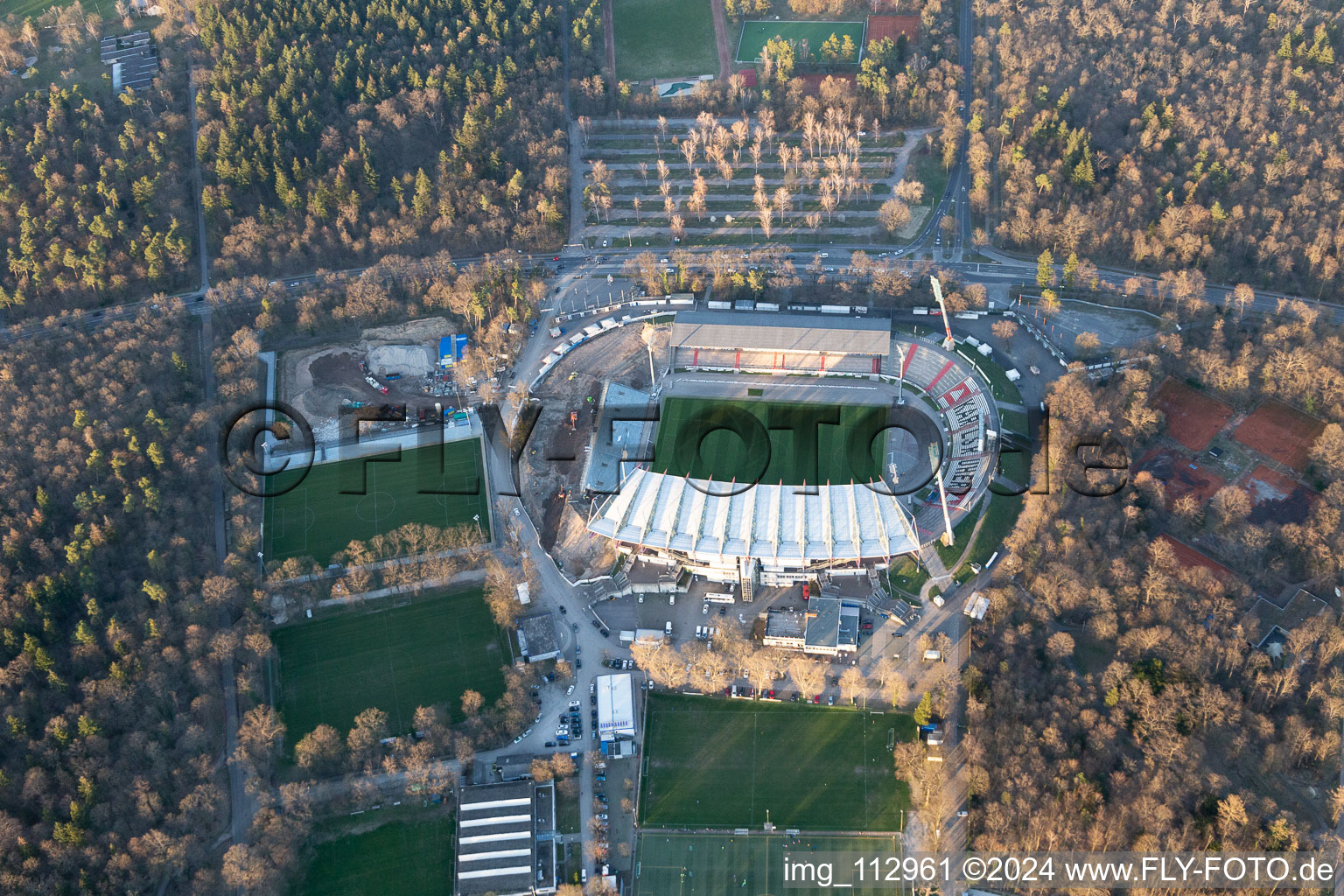 Bird's eye view of Wildparkstadion, construction site in the district Innenstadt-Ost in Karlsruhe in the state Baden-Wuerttemberg, Germany