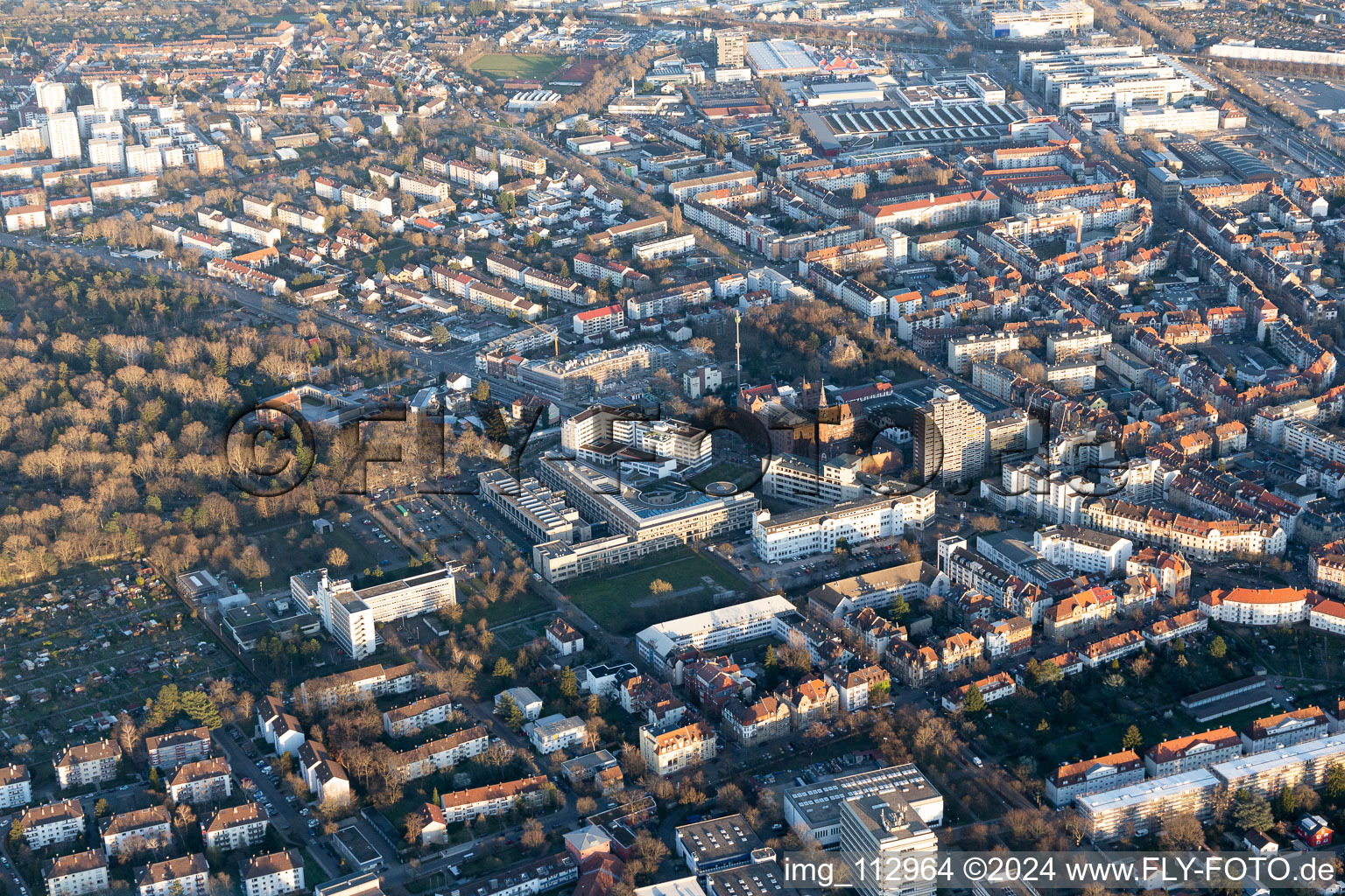 Aerial view of Max Rubner Institute, Höpfner Brewery Burghof in the district Oststadt in Karlsruhe in the state Baden-Wuerttemberg, Germany