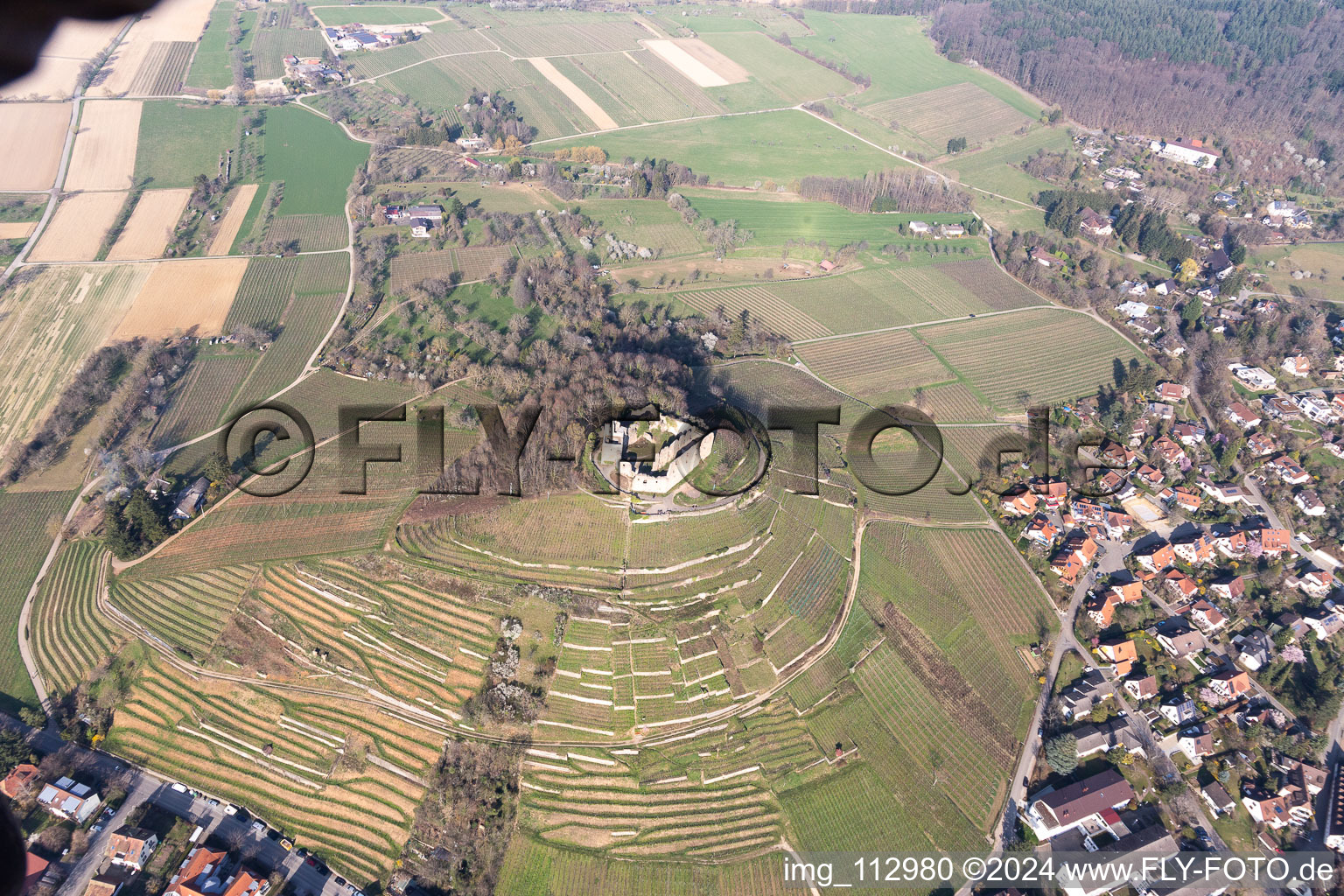 Aerial photograpy of Staufen Castle Ruins in Staufen im Breisgau in the state Baden-Wuerttemberg, Germany