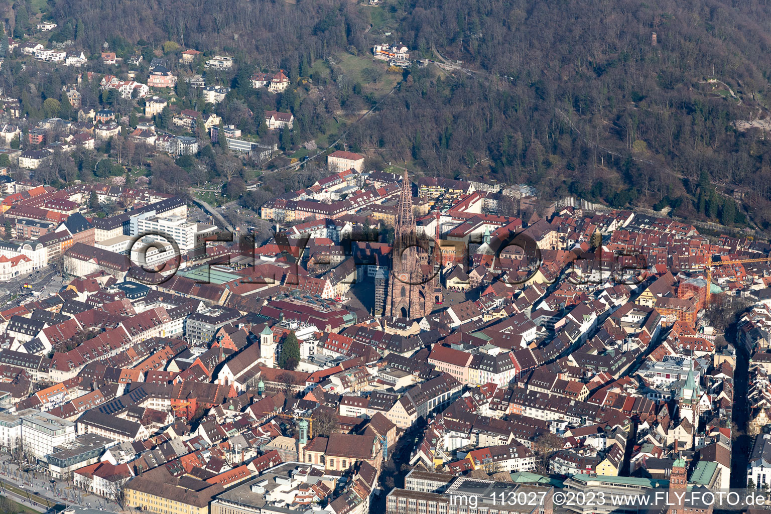 Aerial view of Muenster in the district Altstadt in Freiburg im Breisgau in the state Baden-Wuerttemberg, Germany