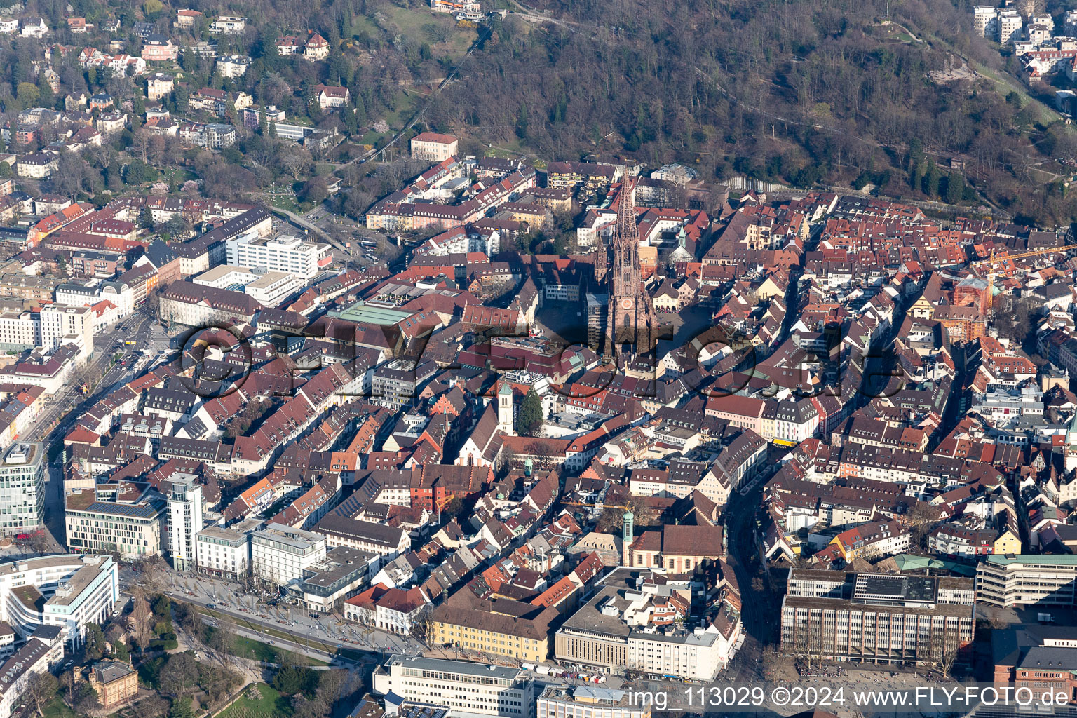 Aerial photograpy of Muenster in the district Altstadt in Freiburg im Breisgau in the state Baden-Wuerttemberg, Germany