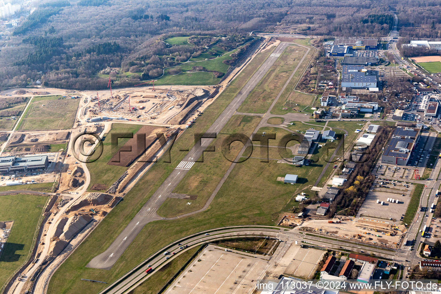 Airport and tarmac terrain of the airfield EDTF in Freiburg im Breisgau in the state Baden-Wurttemberg, Germany