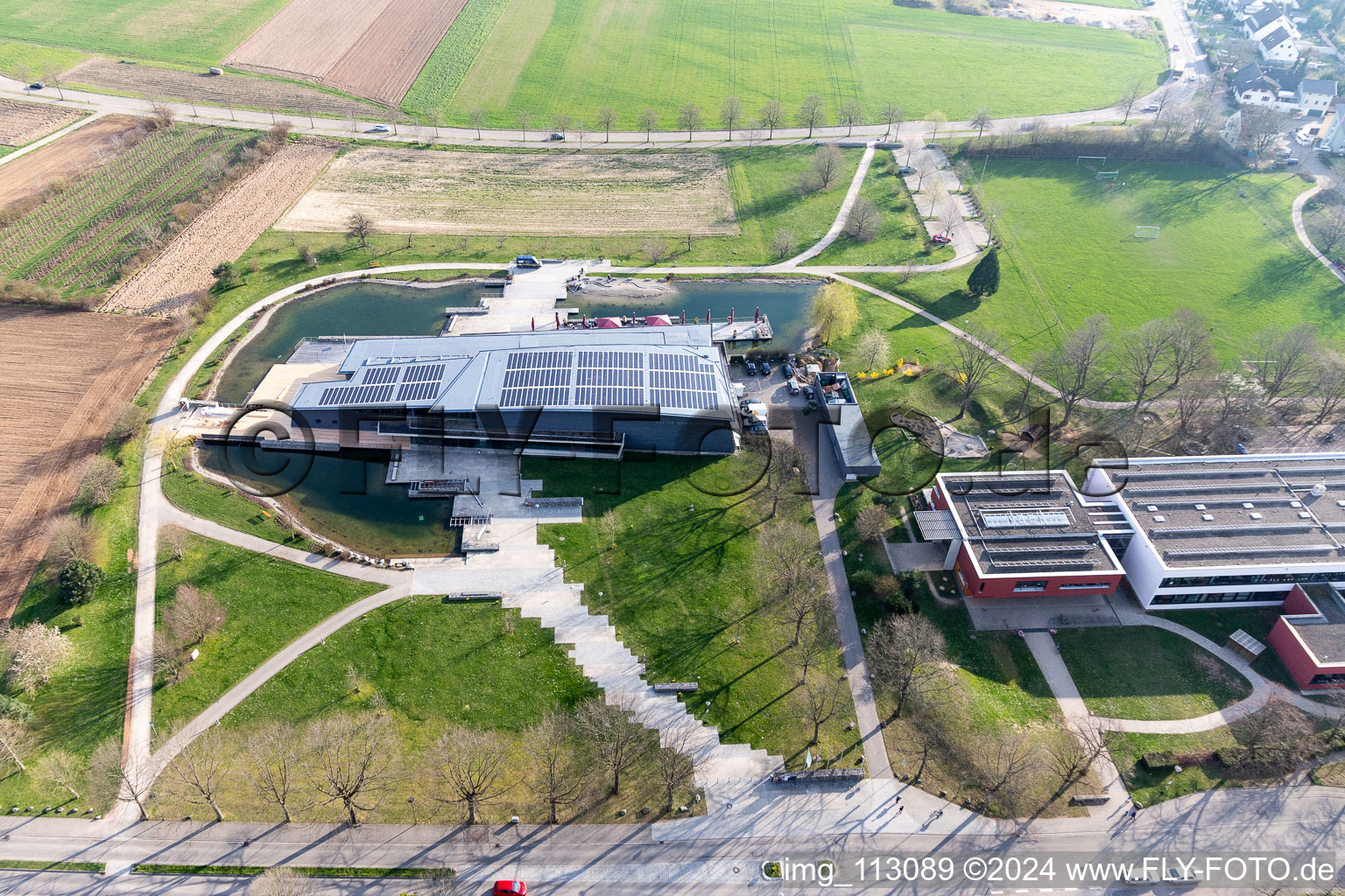 Aerial view of Swimming pool of the Sport & Familienbad MACHA? BLAU Denzlingen in Denzlingen in the state Baden-Wurttemberg, Germany