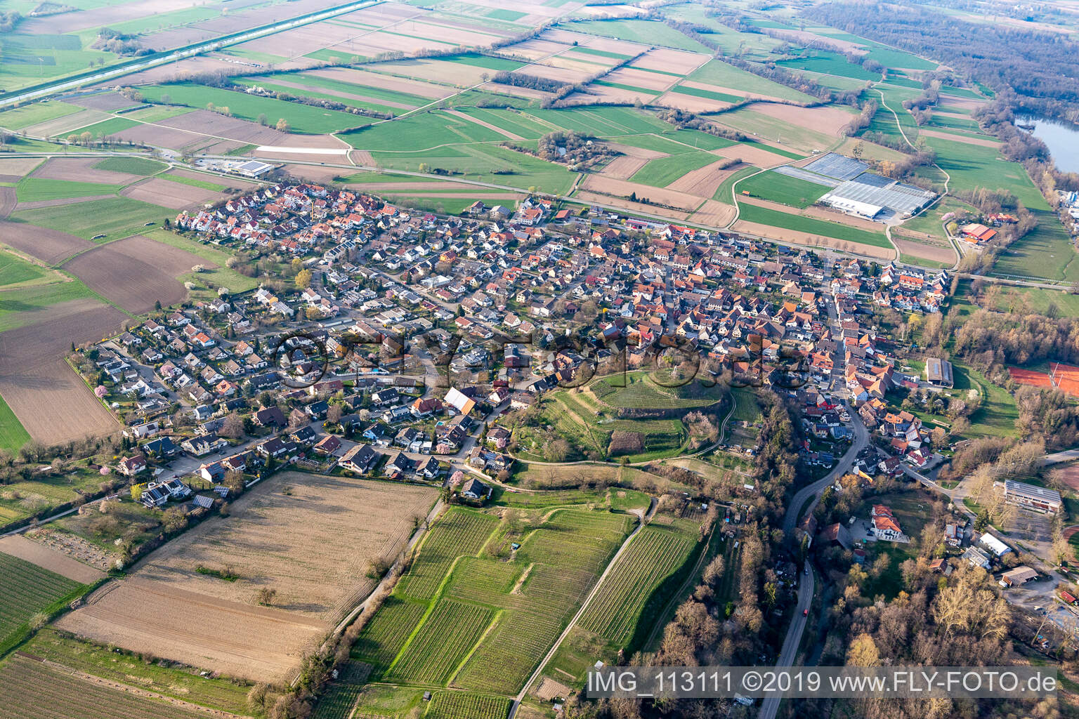 Agricultural land and field borders surround the settlement area of the village in the district Nimburg in Teningen in the state Baden-Wurttemberg, Germany