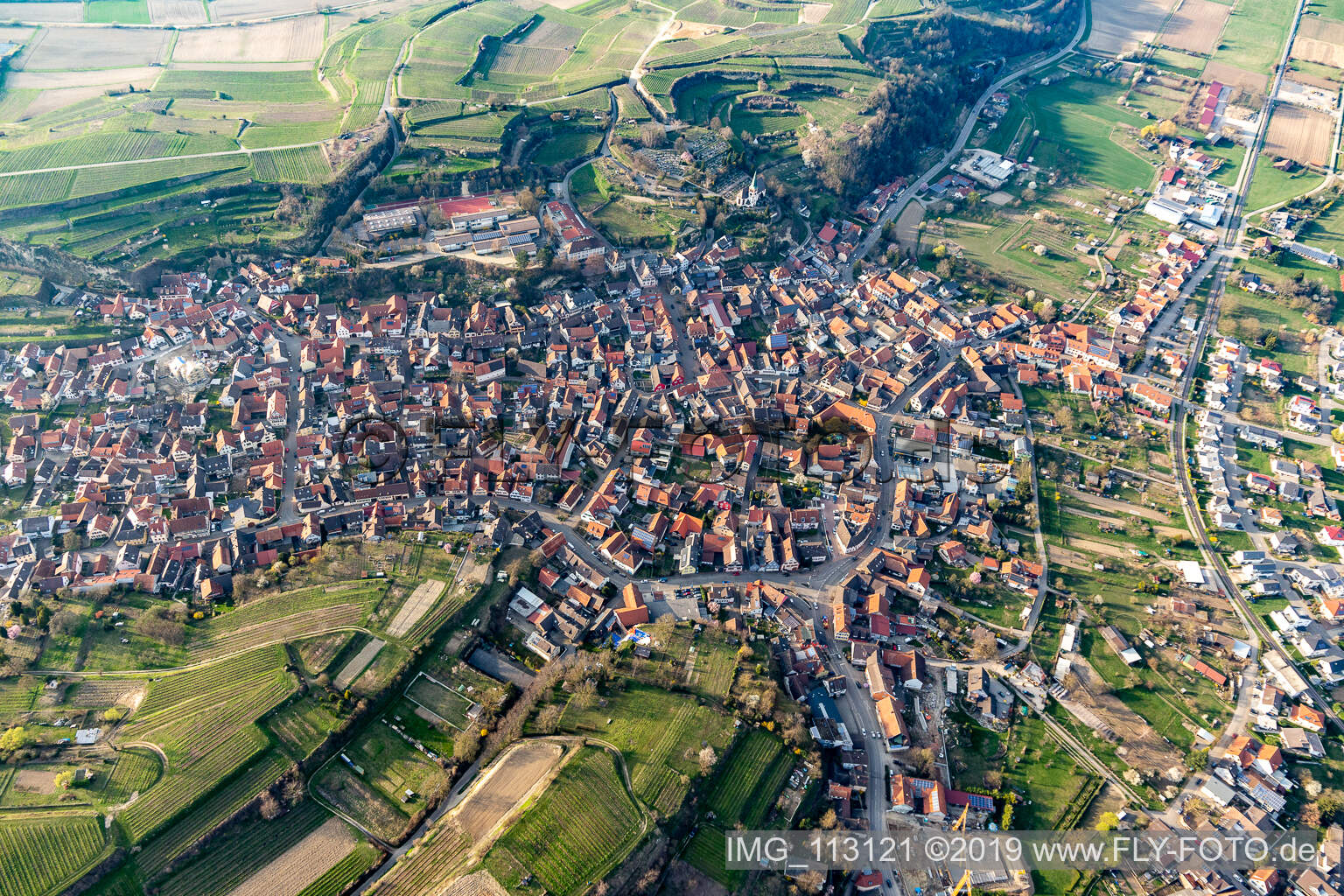 Town View of the streets and houses of the residential areas in Bahlingen am Kaiserstuhl in the state Baden-Wurttemberg, Germany