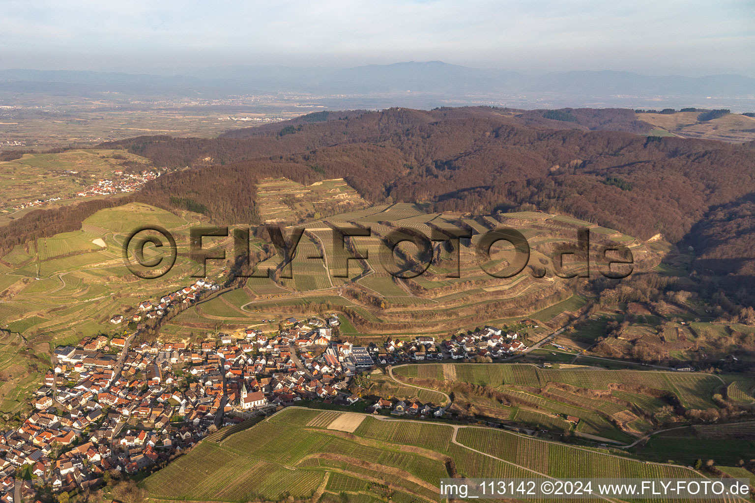 Aerial view of Kiechlinsbergen in Endingen am Kaiserstuhl in the state Baden-Wuerttemberg, Germany