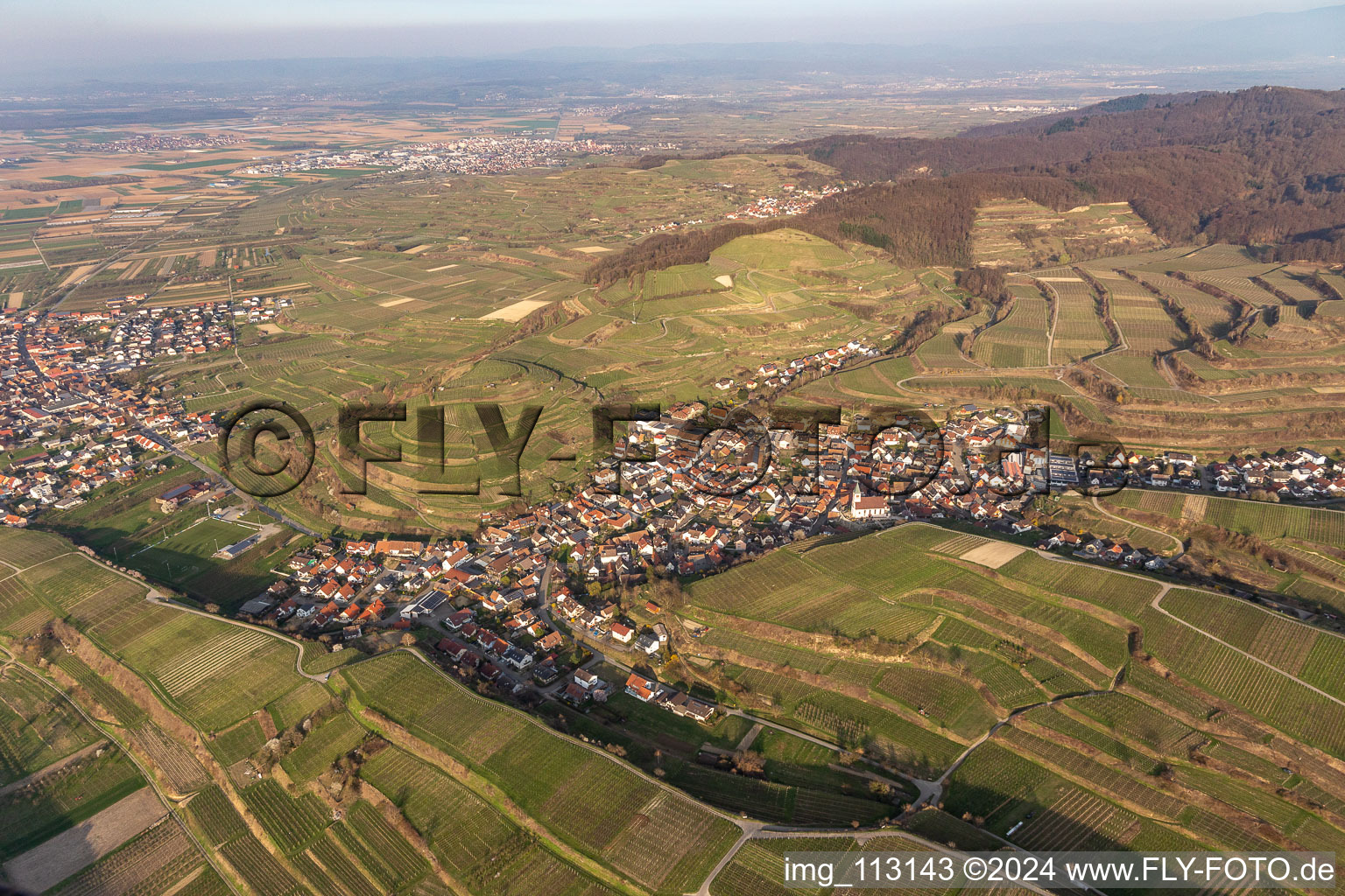 Aerial photograpy of Kiechlinsbergen in Endingen am Kaiserstuhl in the state Baden-Wuerttemberg, Germany