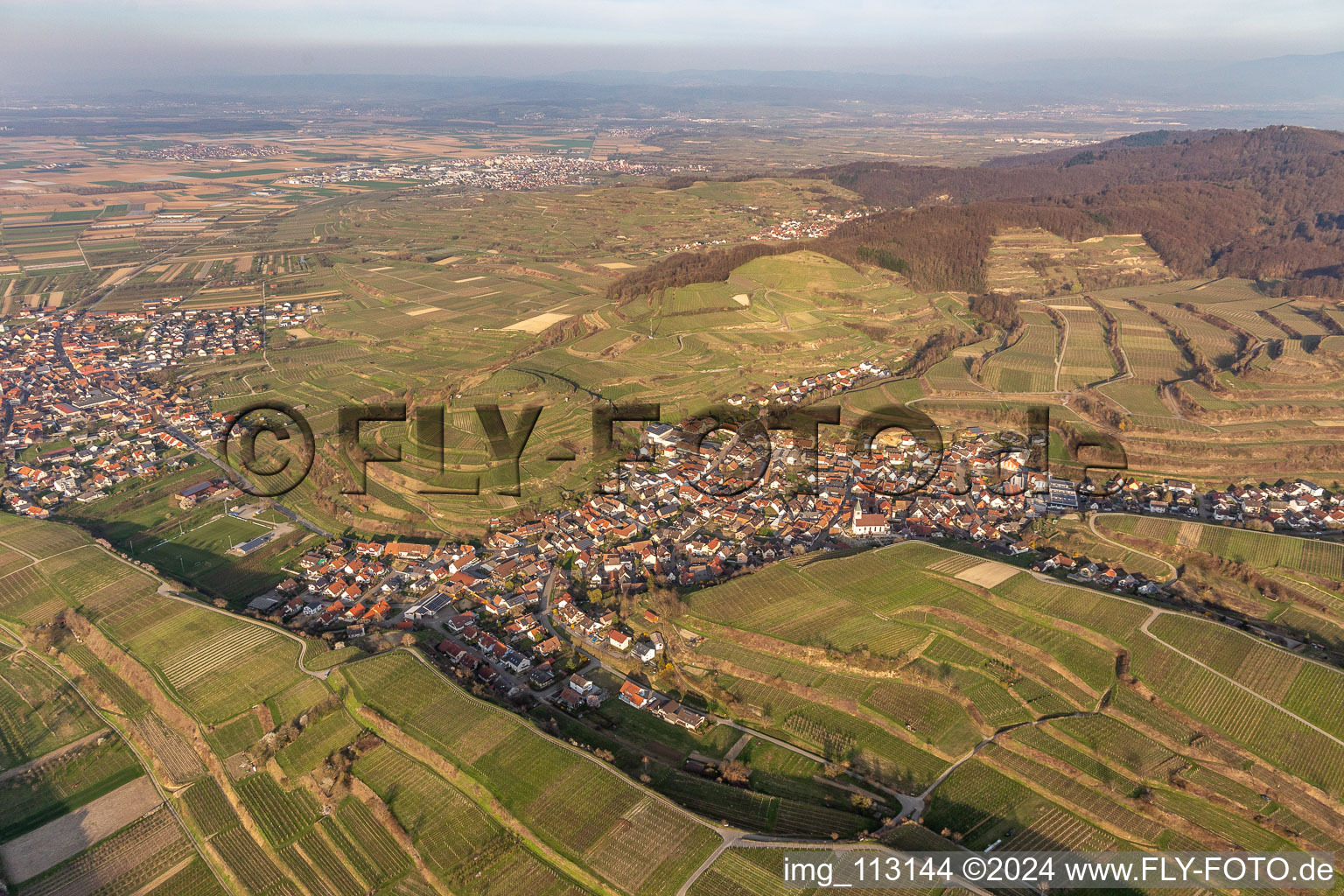 Oblique view of Kiechlinsbergen in Endingen am Kaiserstuhl in the state Baden-Wuerttemberg, Germany