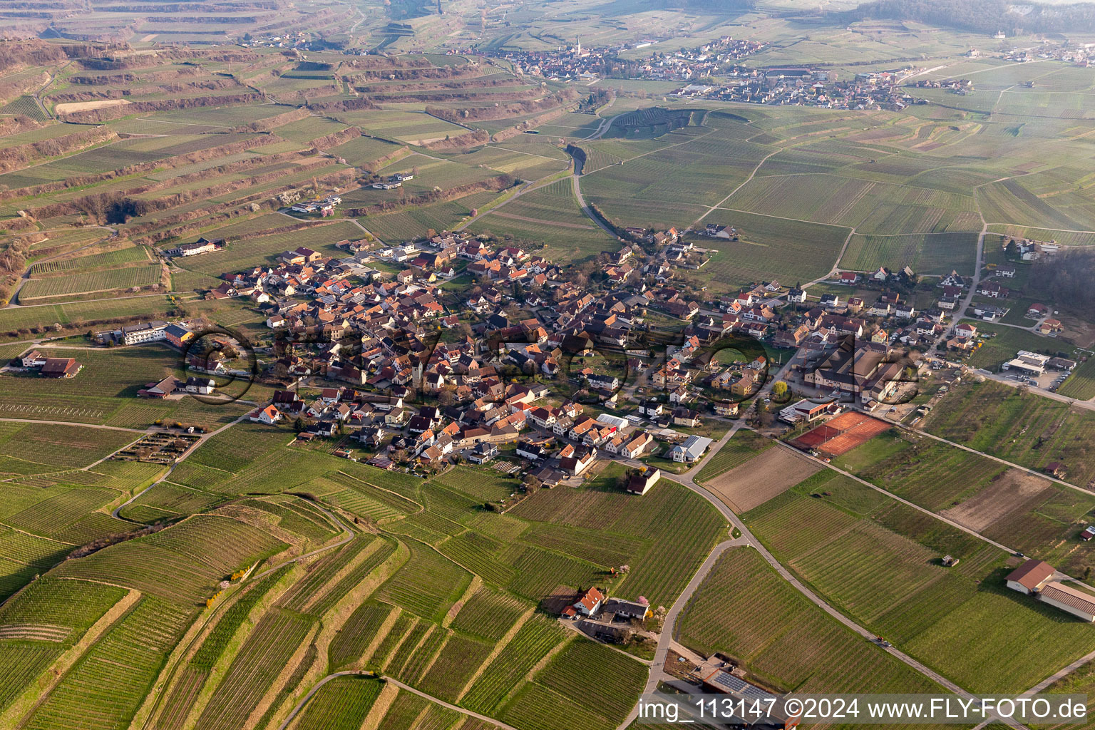 Aerial view of District Bischoffingen in Vogtsburg im Kaiserstuhl in the state Baden-Wuerttemberg, Germany