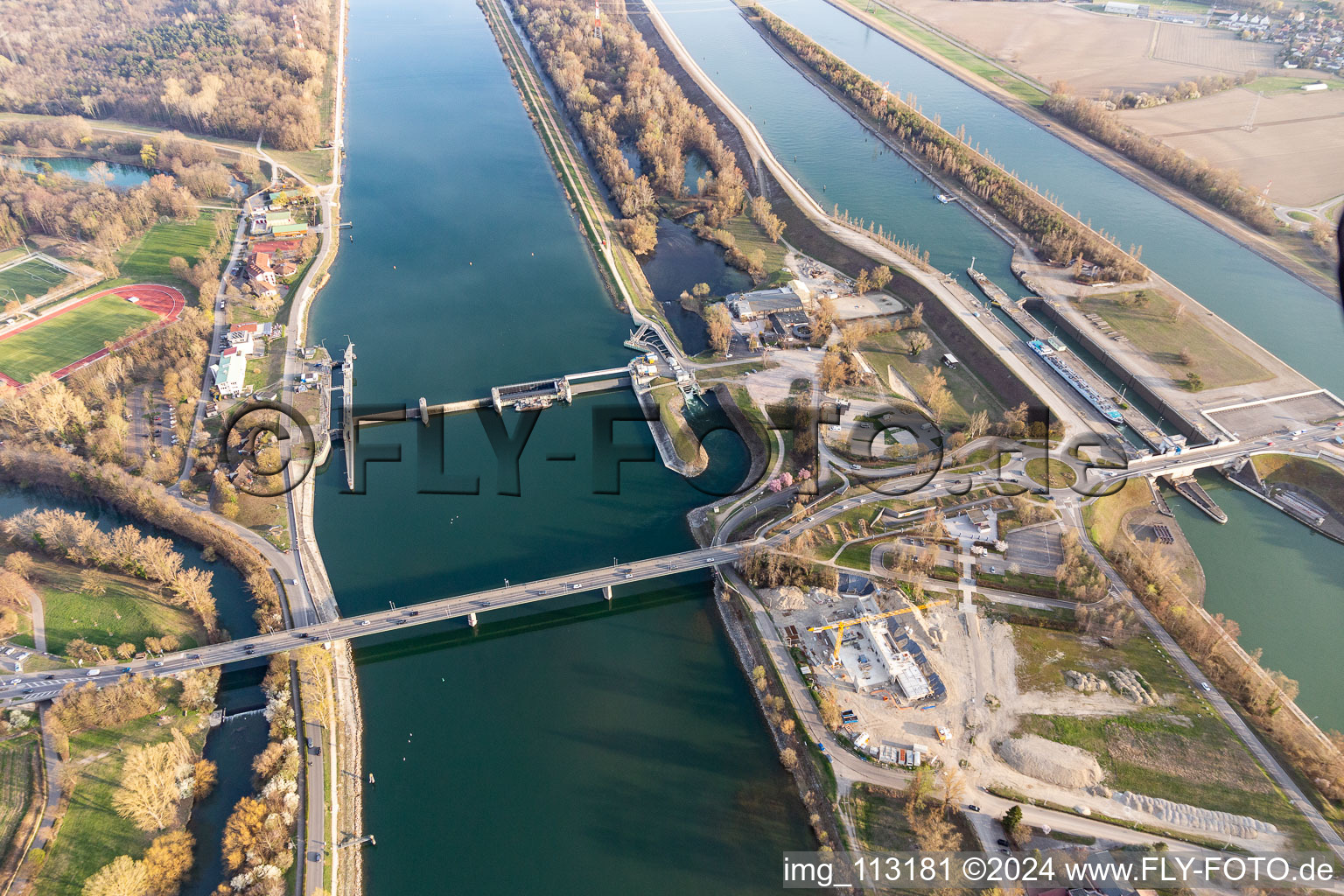 Impoundment near Breisach am Rhein, so called Kulturwehr Breisach, in the state Baden-Wurttemberg. Below this, already on the French side, two floodgates of Grand Canal d'Alsace